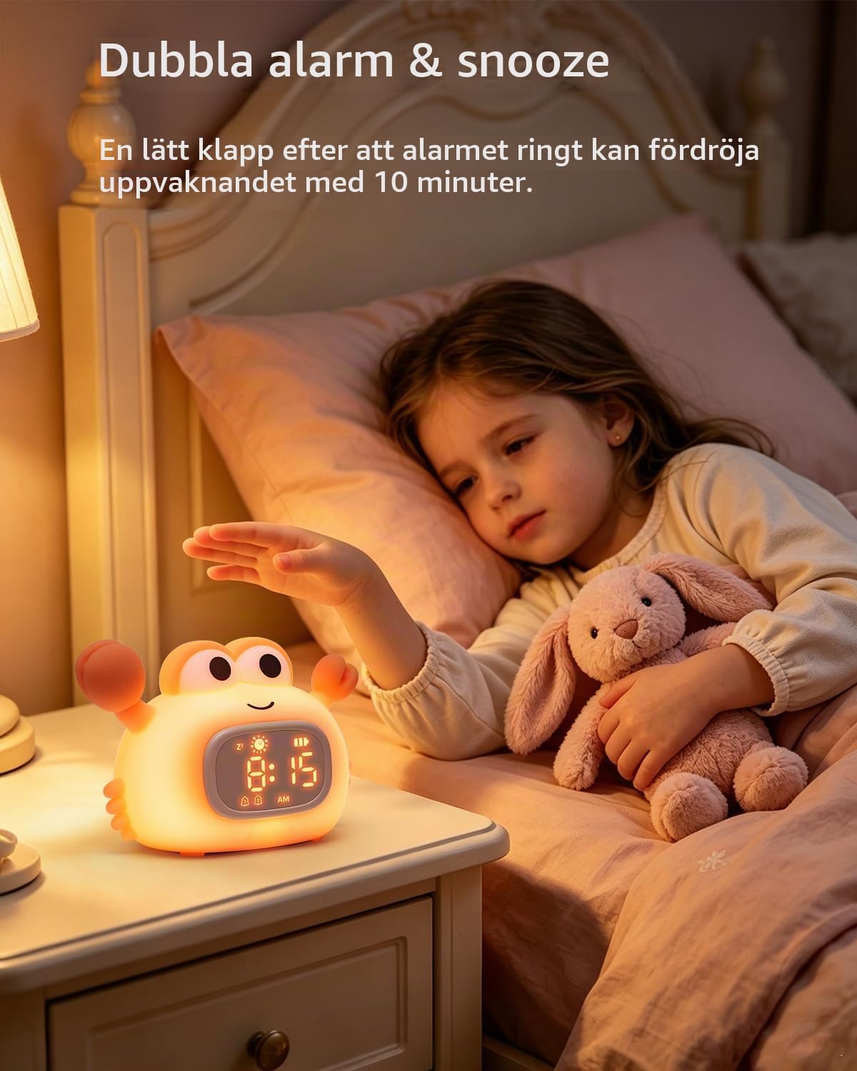 Detalle 2 de ORIA UF212 väckarklocka för barn med nattlampa, krabbform och dubbla alarm