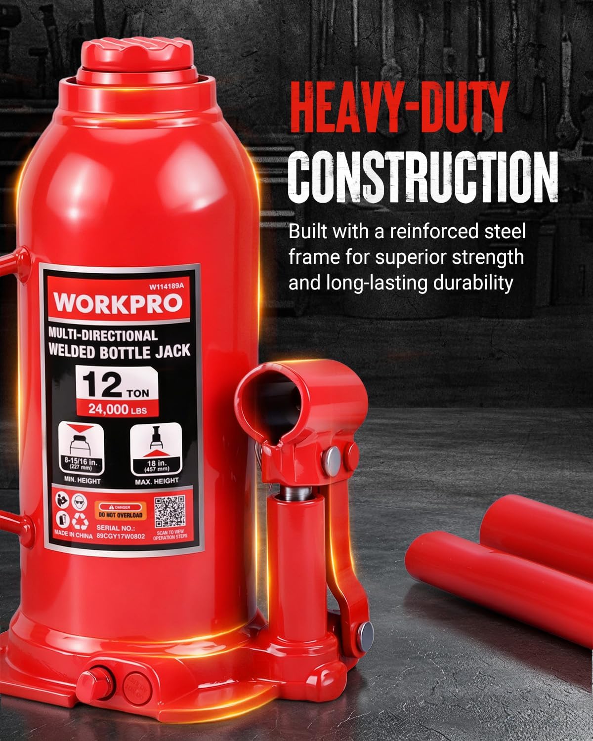 Detalle de WORKPRO W114189AE 12-Ton Multi-Directional Welded Steel Bottle Jack