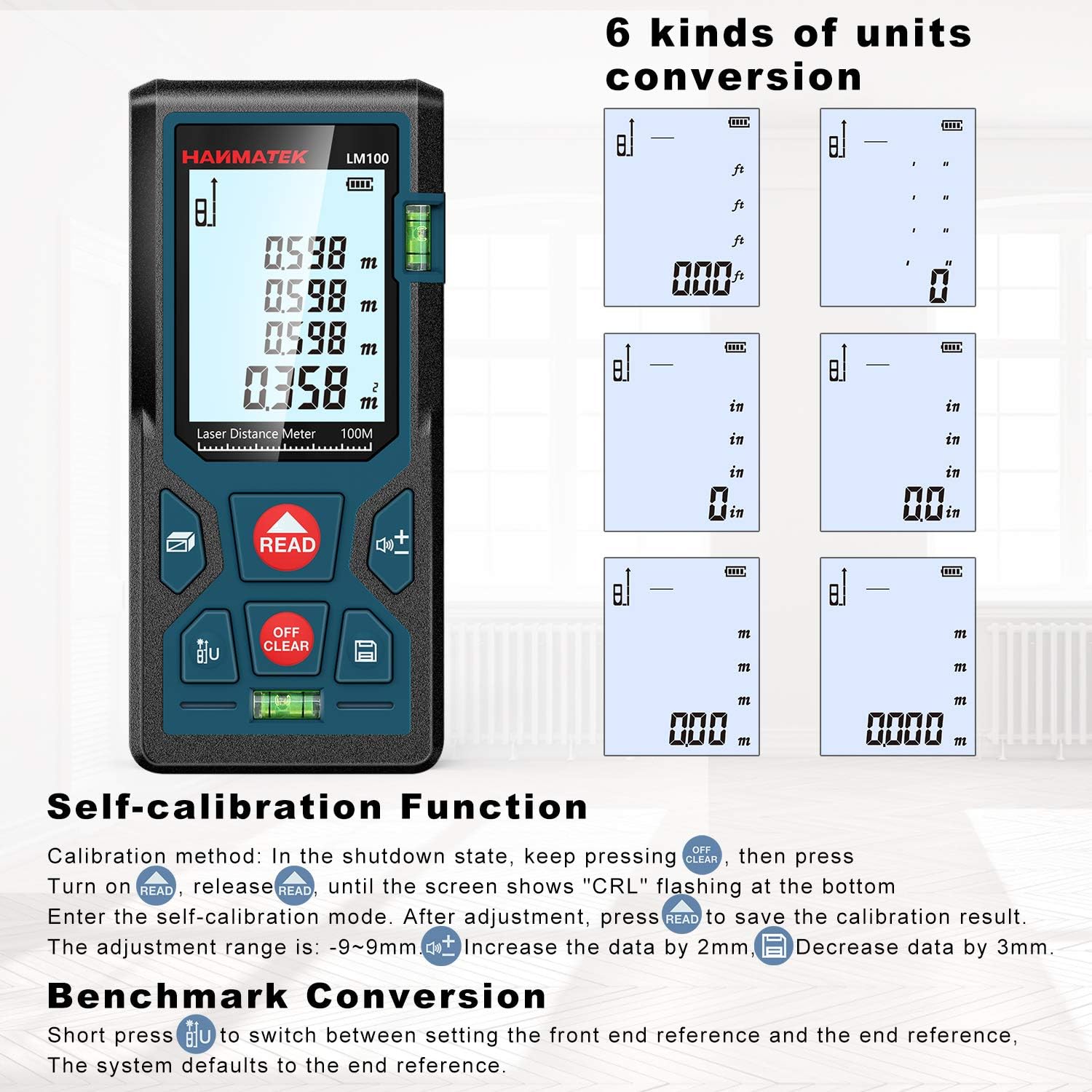 Thumbnail 2 de HANMATEK LM100 Laser Distance Meter: 100m Range, 2 Bubble Levels & Pythagorean Mode