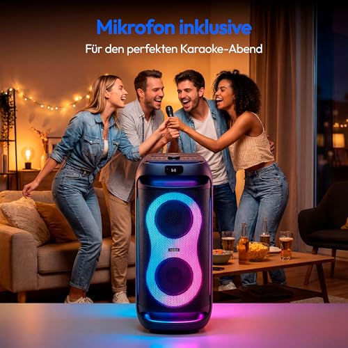 Detalle de MEDION PE-2 Plus Partybox Akku mit Mikrofon – Große Musikbox mit Karaoke-Funktion