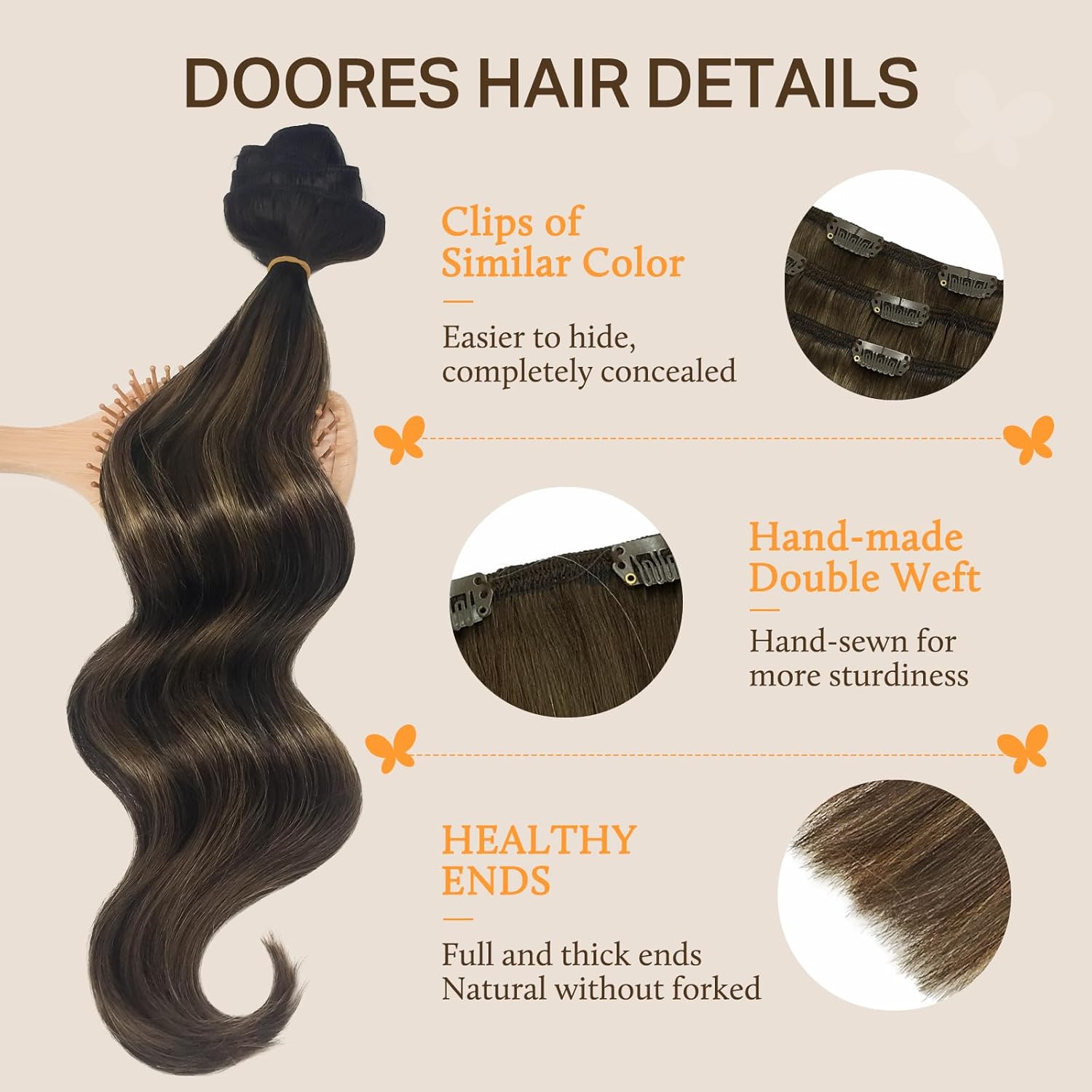 Detalle de DOORES Extension di capelli veri con clip, balayage scuro a castano, 30,5 cm, 7 pezzi (80 g) — capelli lisci naturali