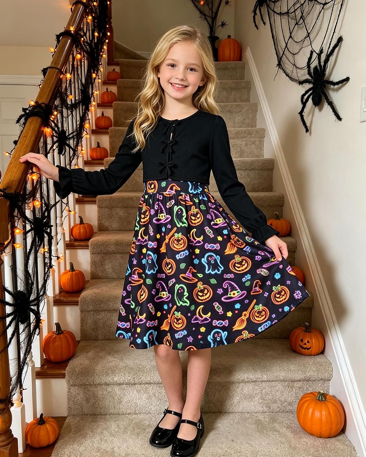 Detalle de Funnycokid Girls’ A-Line Dress Set with Adjustable Straps and Long-Sleeve Top