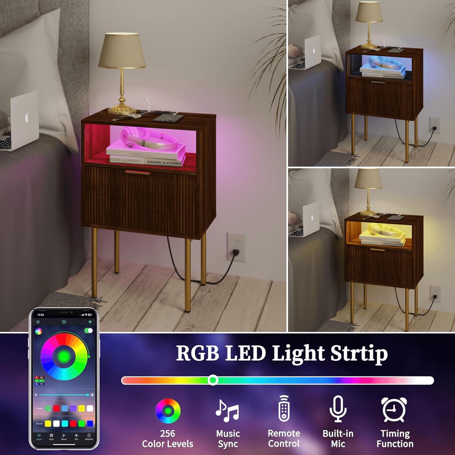 Detalle 2 de JOONEE Nightstand with Outlet and LED Light