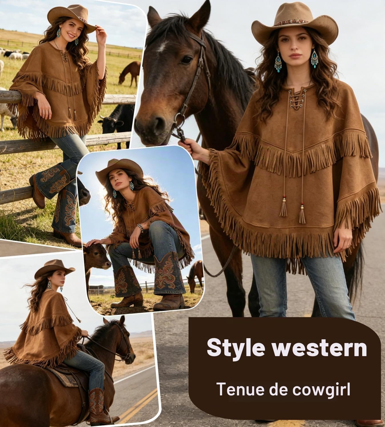 Thumbnail 2 de Cowgirlcape met franjes, bruin, 74 cm lang