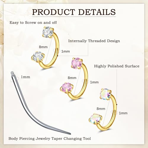 Detalle 2 de WillTen 18G Bijoux pour piercing au septum – Anneau en fer à cheval acier inoxydable, double gemme doré