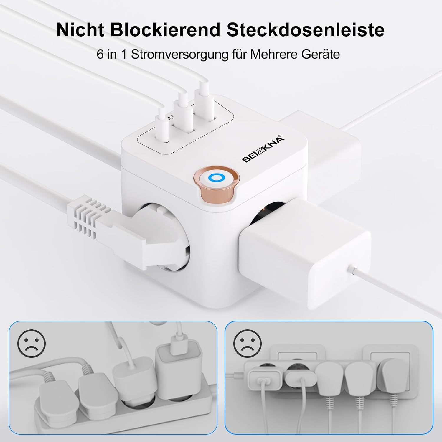 Detalle de Beizkna Steckdosenwürfel mit USB-C: 3-fach Mehrfachsteckdose mit Überspannungsschutz, Schalter und 1,5 m Kabel