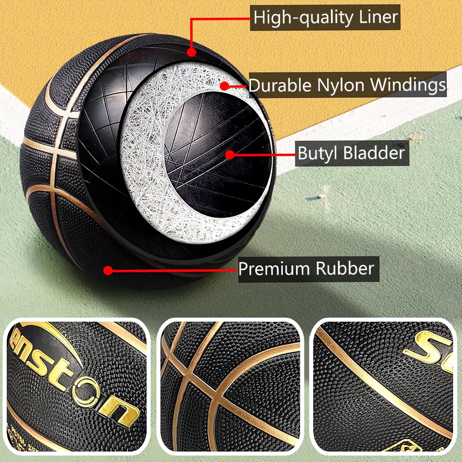 Detalle 2 de Senston LQ Size 7 Basketball, 29.5-Inch Rubber, Black/Gold, with Pump