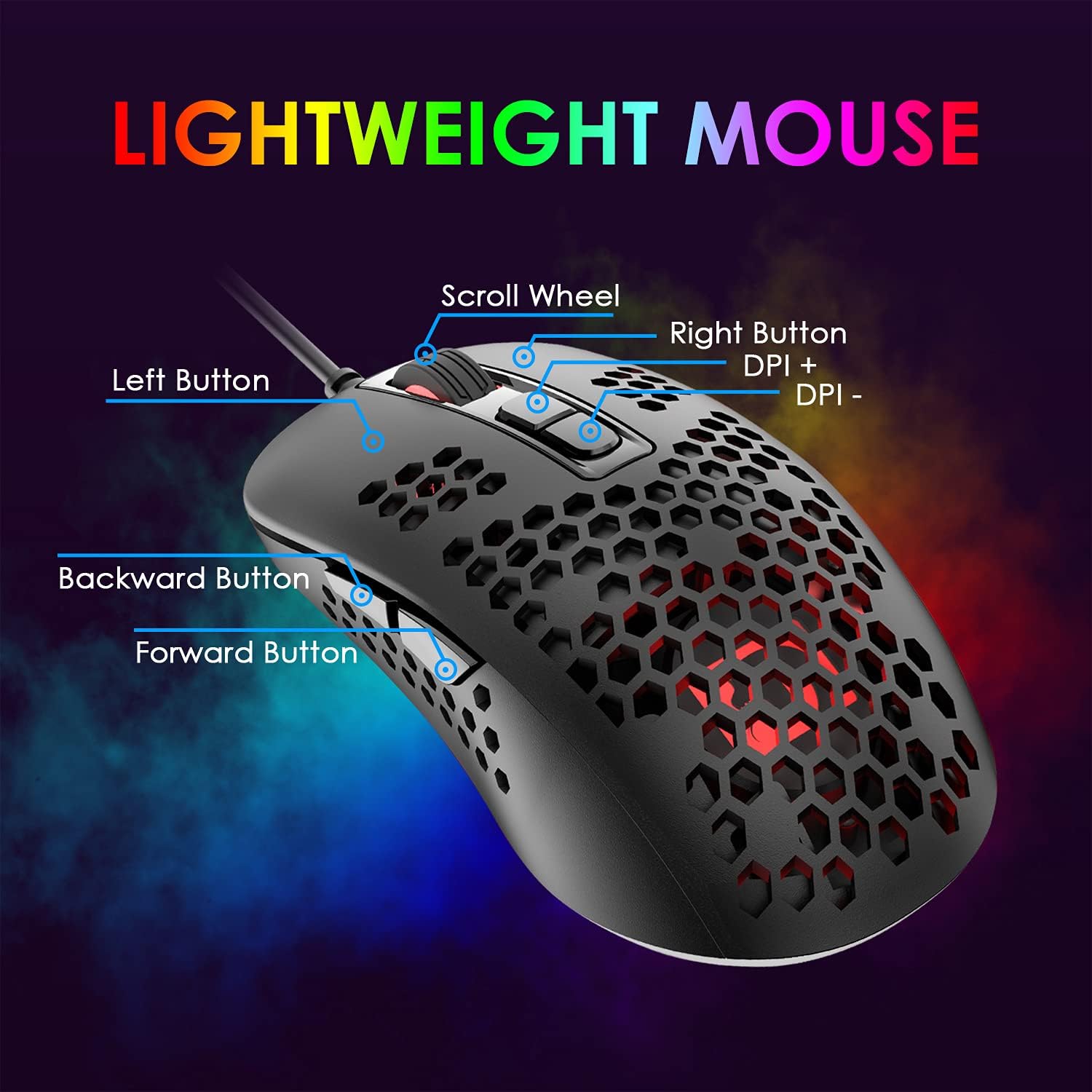Detalle de KUIYN 383 Ultralight Wired Gaming Mouse – Lightweight Honeycomb Shell, 4 DPI Levels, 7 Buttons