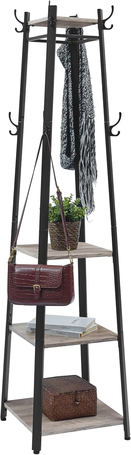 Detalle de VASAGLE LCR080B02 : porte-manteau sur pieds avec 8 doubles crochets et 4 étagères pour entrée