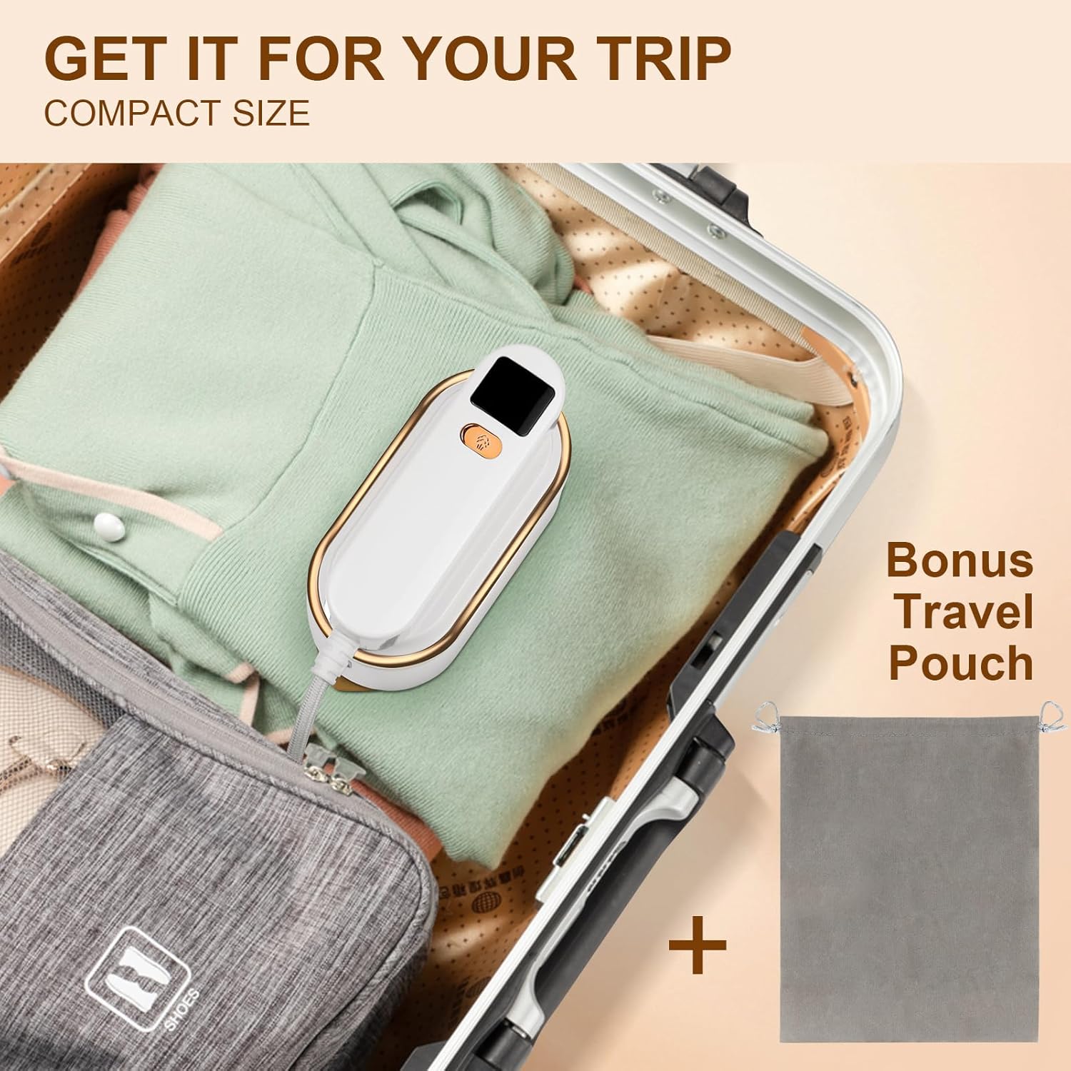 Thumbnail 4 de Travel Clothes Steamer Portable Iron with LCD Display, 3 Steam Levels & 150ml Tank (White)