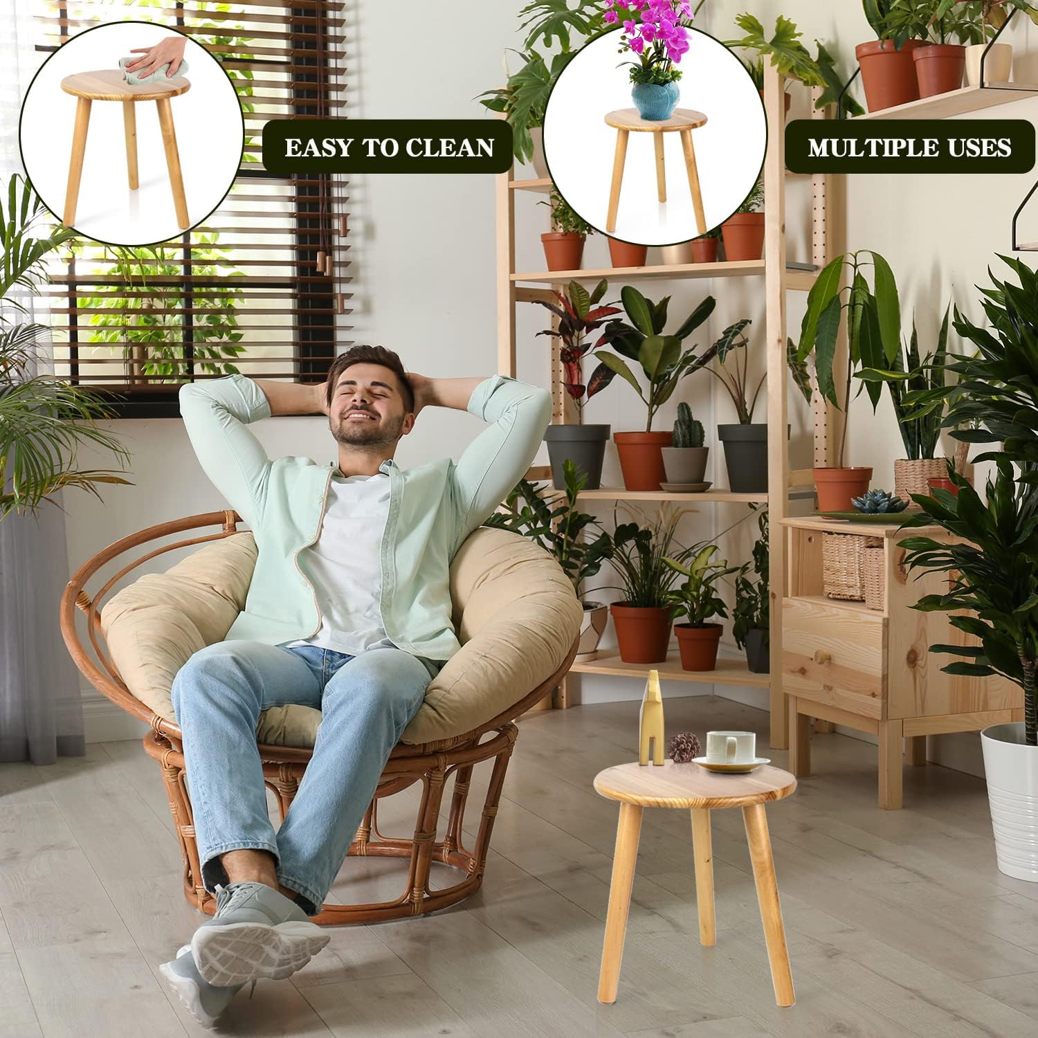Detalle 2 de Ethuh 12-Inch Round Wooden Plant Stand and Small Side Table