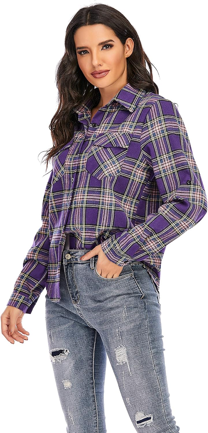 Detalle de 100% Cotton Women’s Flannel Plaid Shirt Blouse, Long Sleeve Button-Down Check Shirt (Boyfriend Casual Fit)