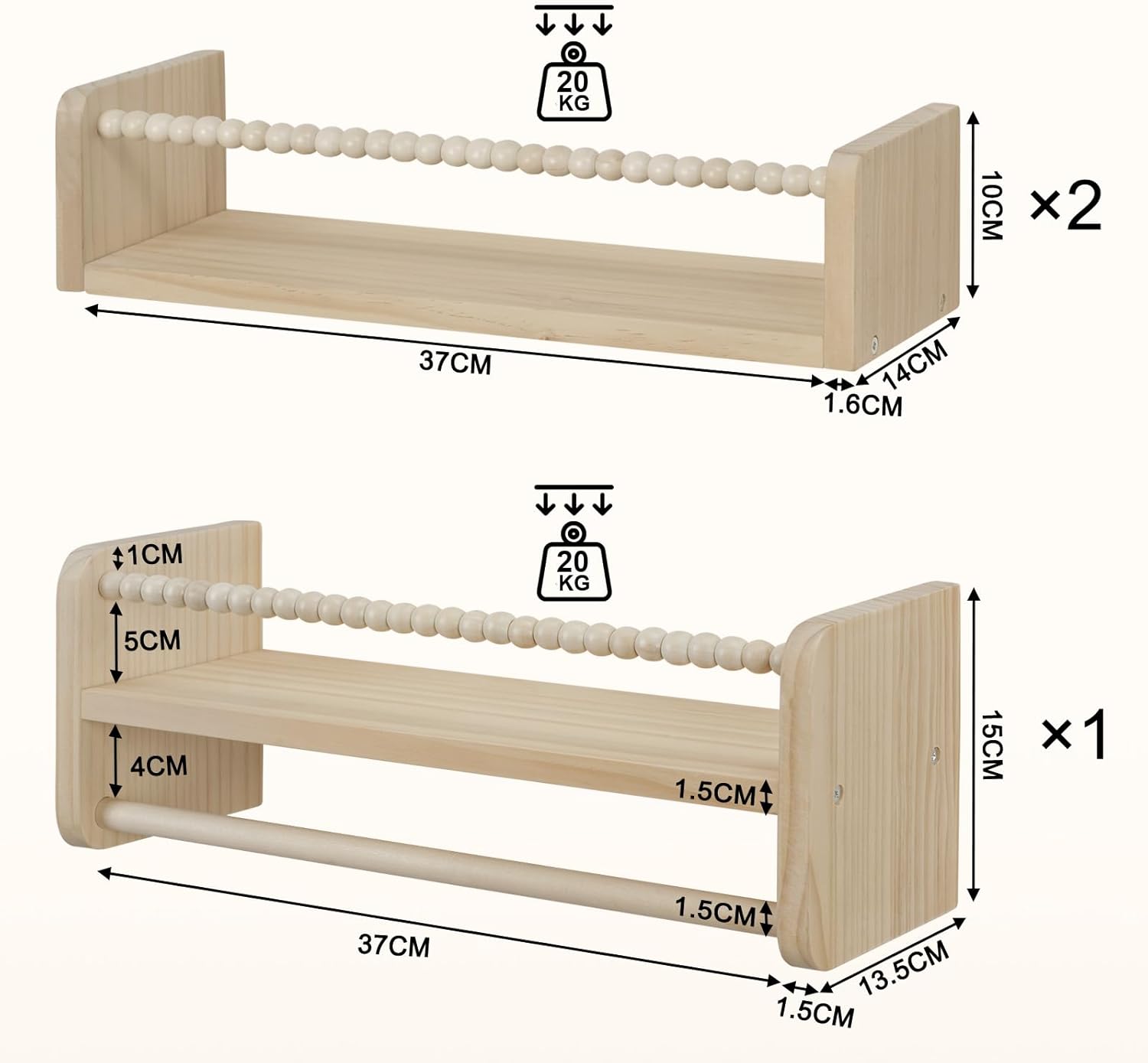 Thumbnail 2 de WOLTU librerie per bambini da parete in legno massello: set di 3 mensole 40 cm