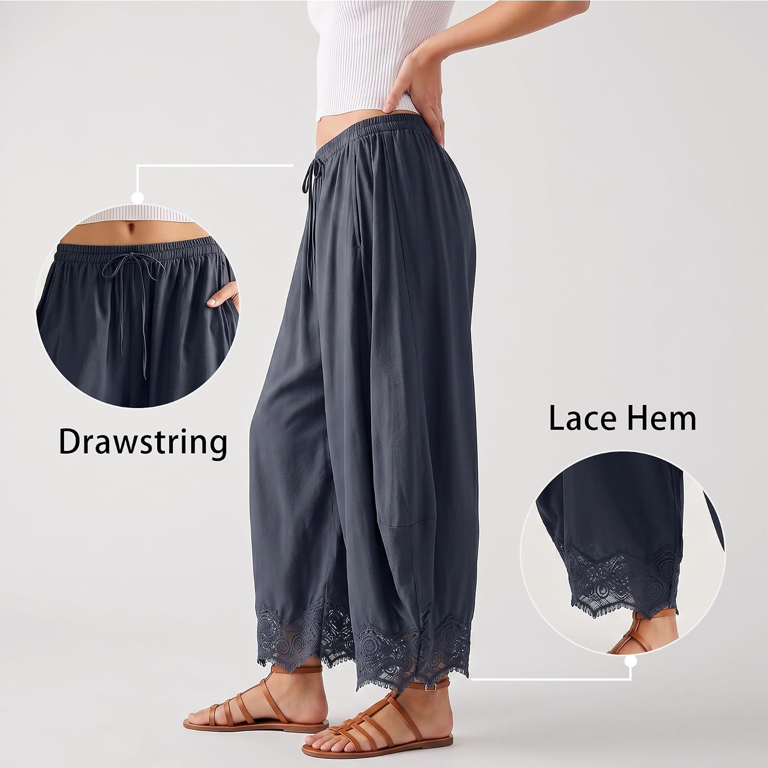 Detalle de SeeLuNa Comfy Women's Cropped Lace Hem Wide-Leg Pants