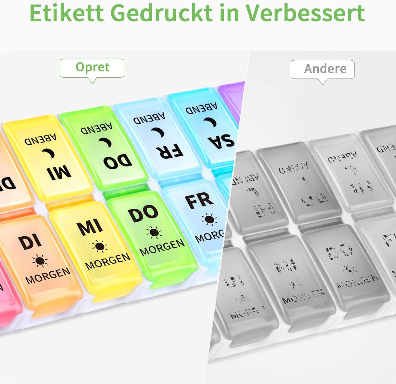 Detalle de Opret Deutsche Tablettenbox für 7 Tage (2 Fächer: morgens/abends), abnehmbar mit deutschem Aufdruck