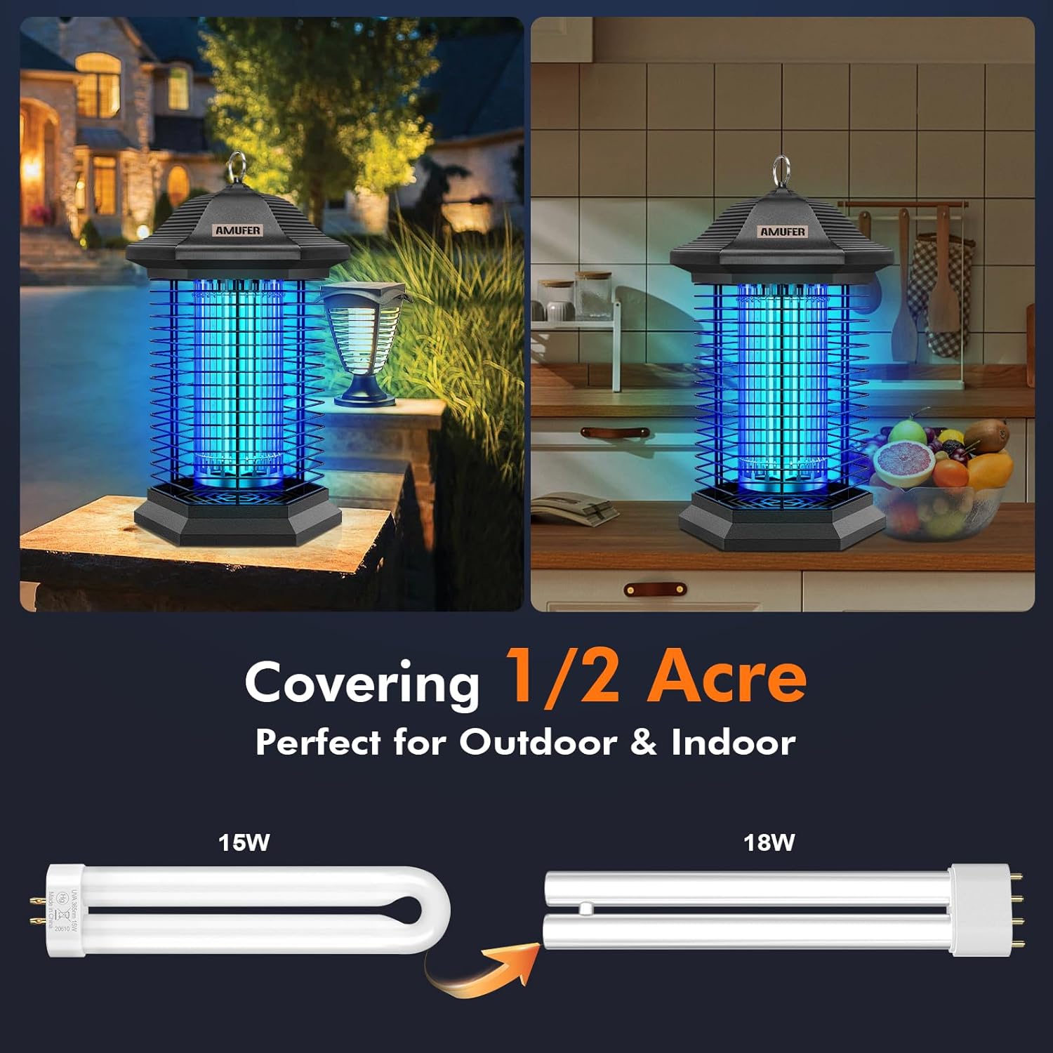 Detalle de AMUFER Bug Zapper Outdoor Indoor, 18W Power & 4400V Grid — Up to 1/2 Acre Mosquito & Insect Control