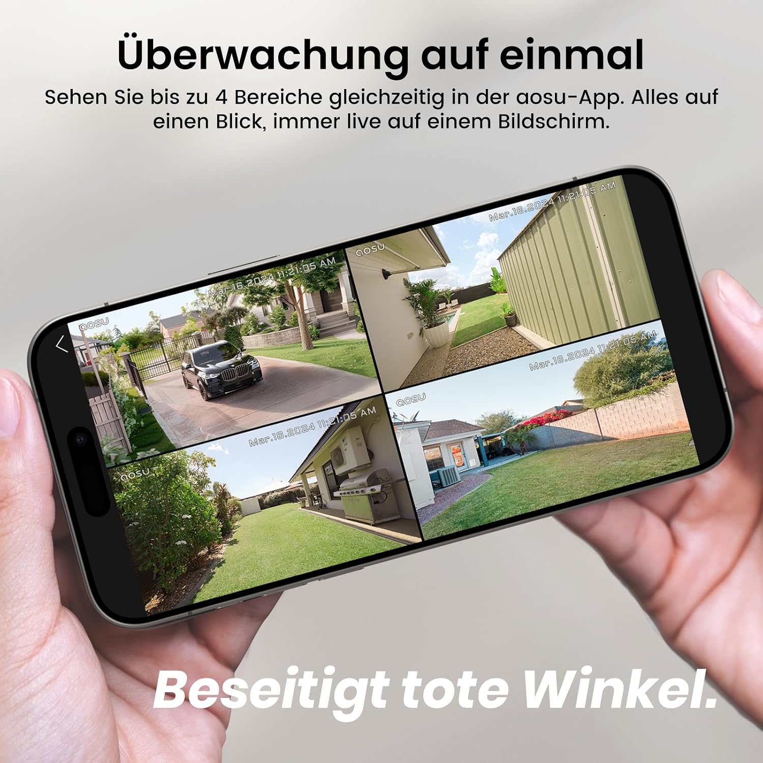 Detalle de aosu 2K Überwachungskamera 4er Kit mit aosuBase und Solar-Akku – Lokale Speicherung, PIR-Erkennung, 166° Weitwinkel