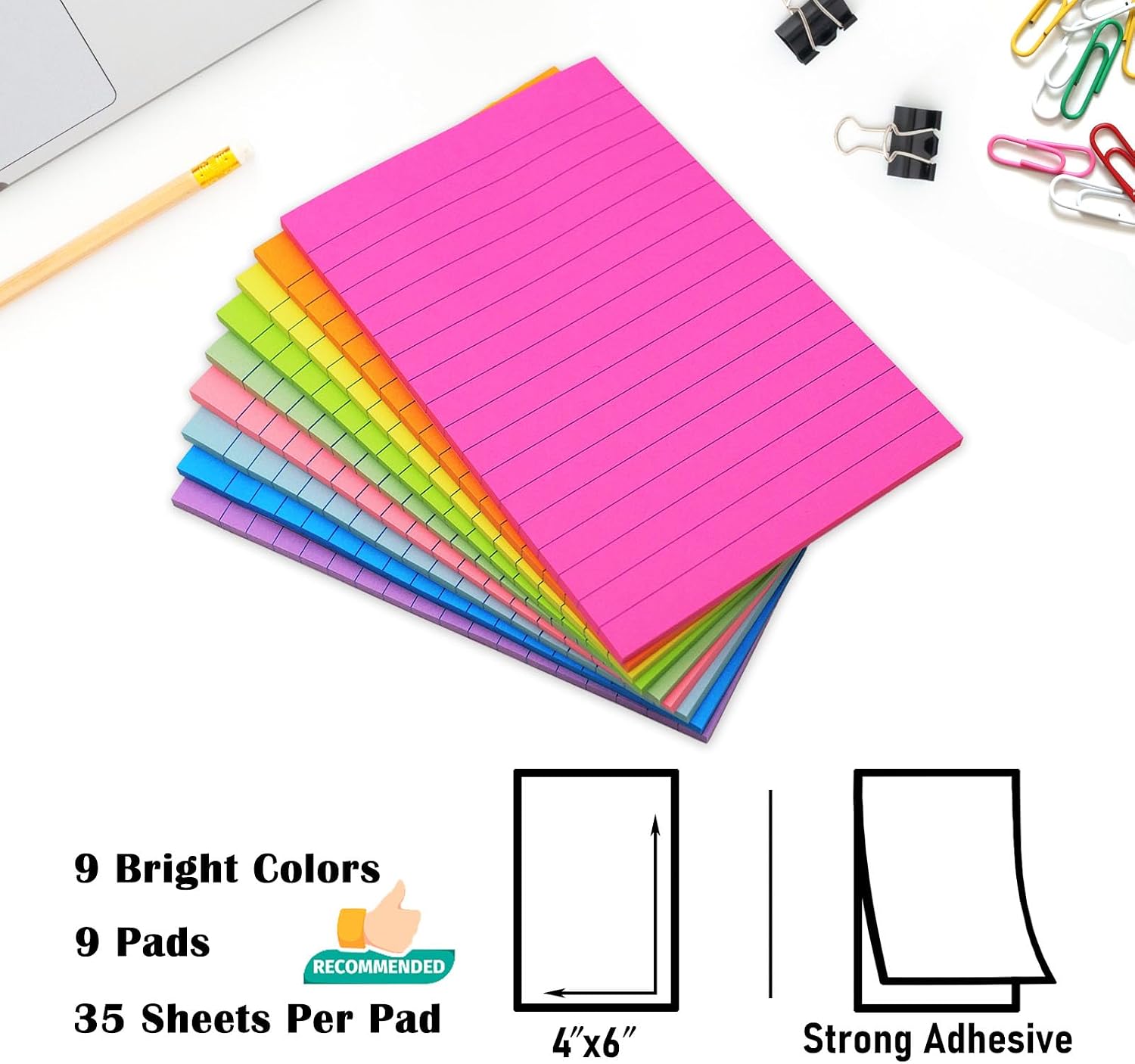 Thumbnail 1 de HQCME Large Lined Sticky Notes 4x6, 9 Pads, Bright Colors