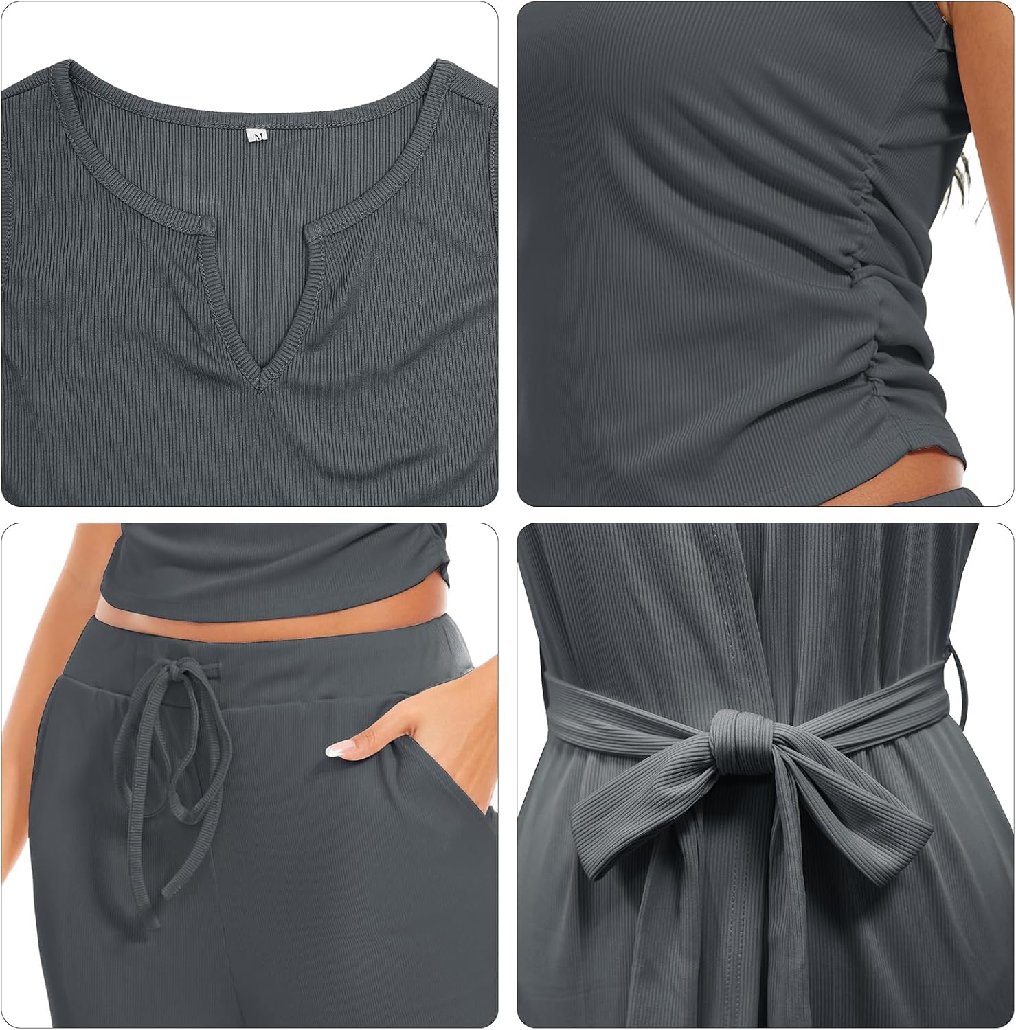 Thumbnail 5 de HANERDUN Damen Schlafanzug Kurz 3-teiliges Set mit offener Strickjacke – Cami, Shorts & Gürtel