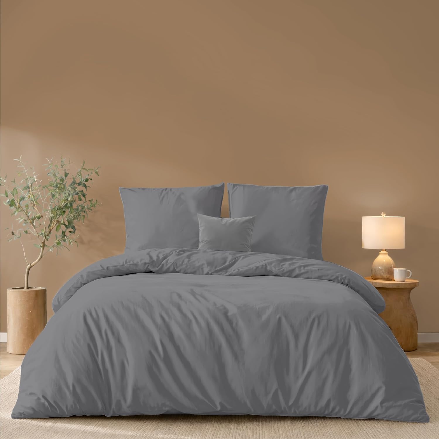 Detalle de Parure de couette Twinzen 240x220 cm anthracite en microfibre avec 2 taies 65x65 cm (Oeko-Tex)