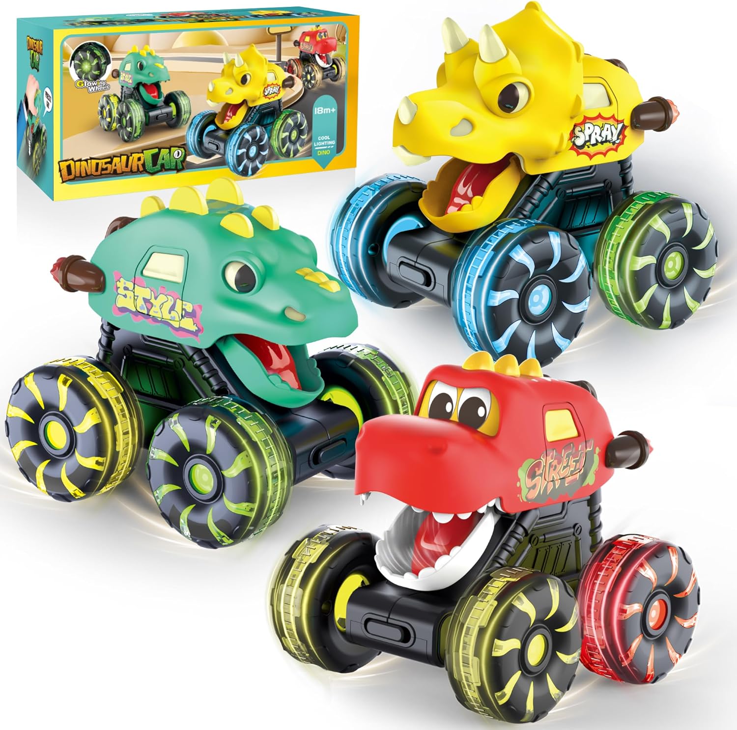 Detalle de OMAKCOO 3 Pack Dinosaur Monster Truck Toys LED Wheels
