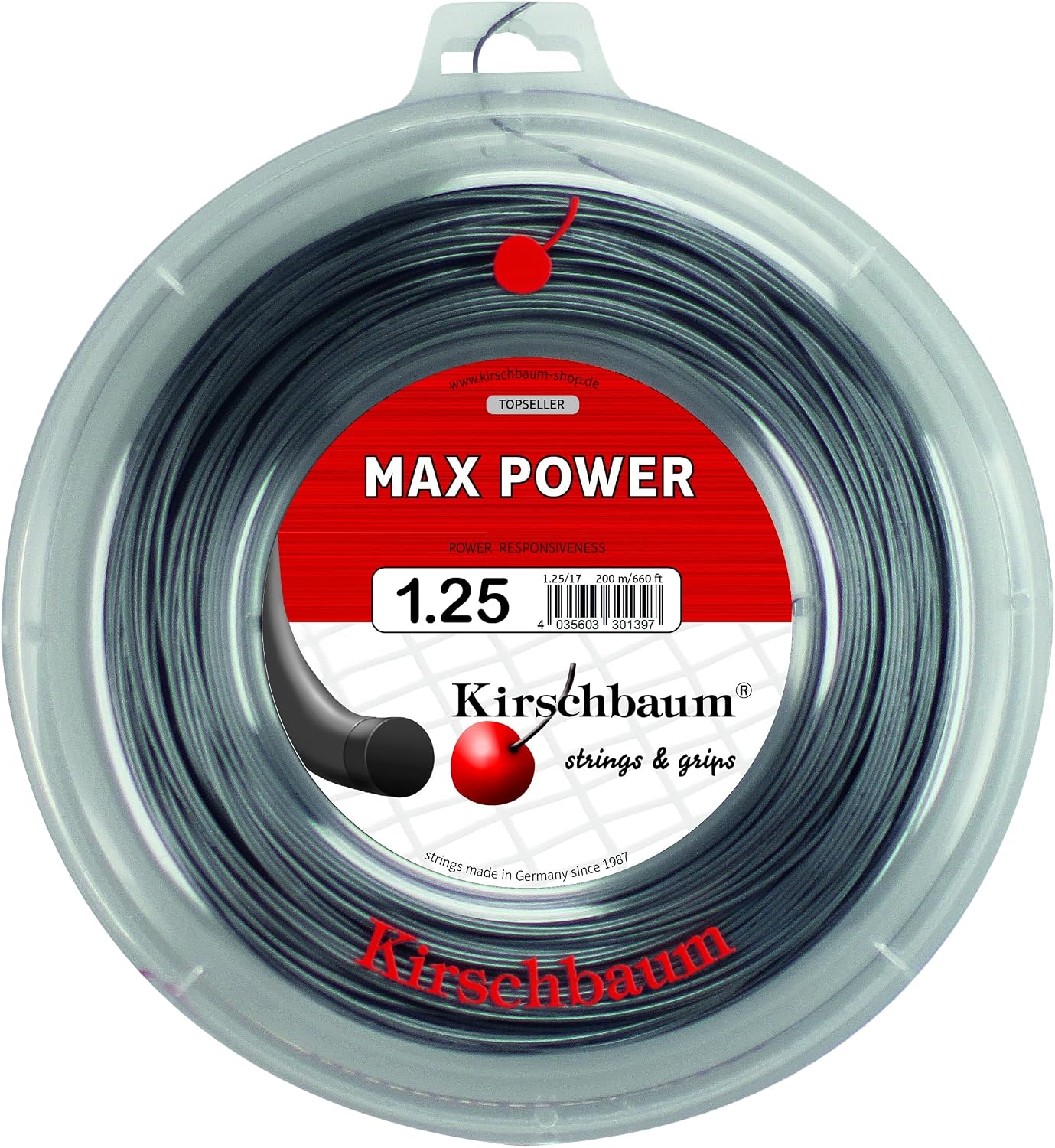 Detalle de Kirschbaum Max Power – naciąg tenisowy z poliestru, monofilament, rolka 200 m