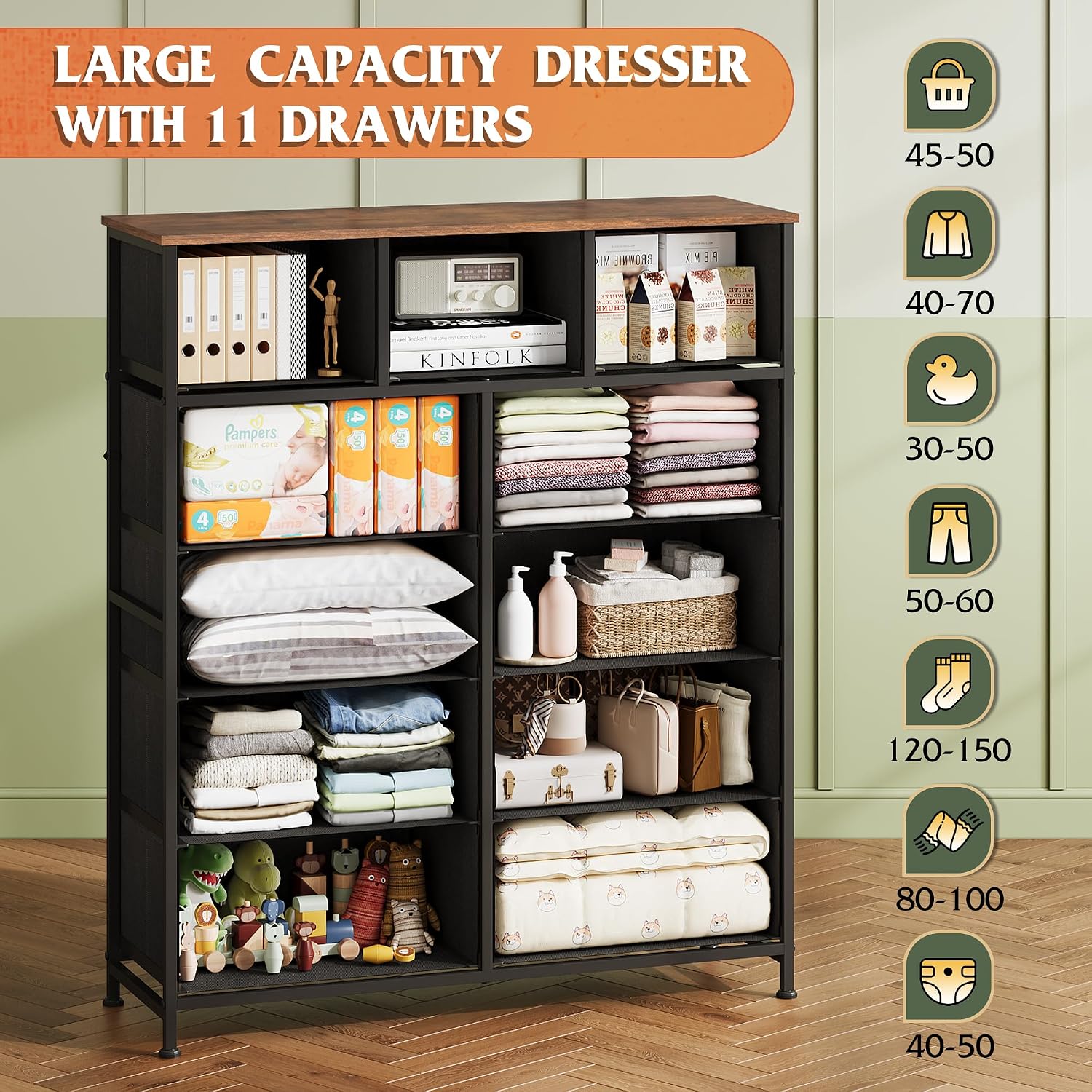 Detalle 1 de WLIVE Tall Dresser, 11-Drawer Fabric Storage Chest with Wood Top, Pattern