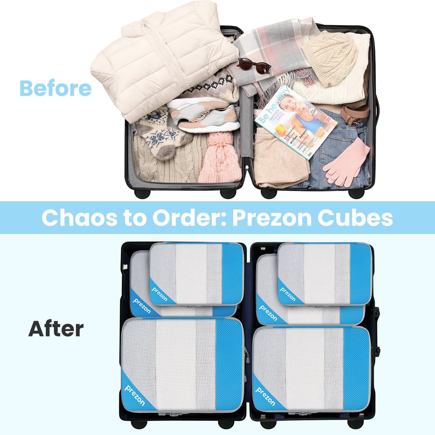 Thumbnail 6 de Prezon Versatile 6-Set Compression Hollow Packing Cubes (maille transparente, bleu) pour gagner de la place dans vos bagages