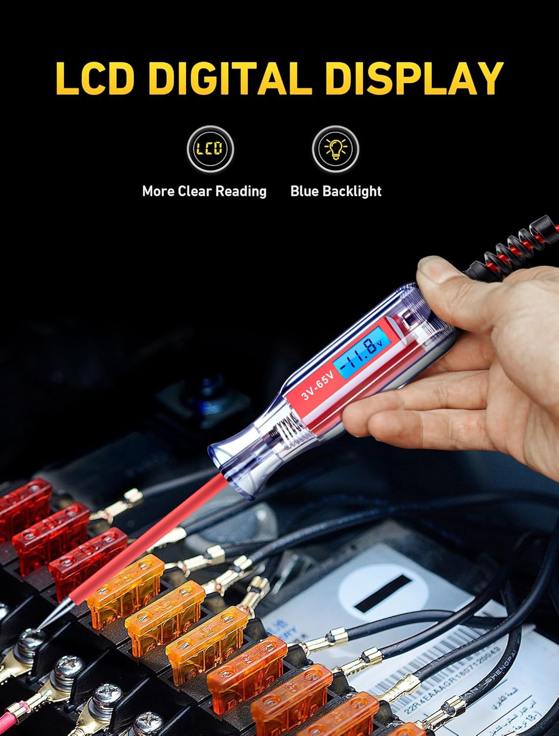 Detalle 2 de Heavy Duty 3-65V Backlit Digital LCD Circuit Tester with 140" Extended Spring Wire