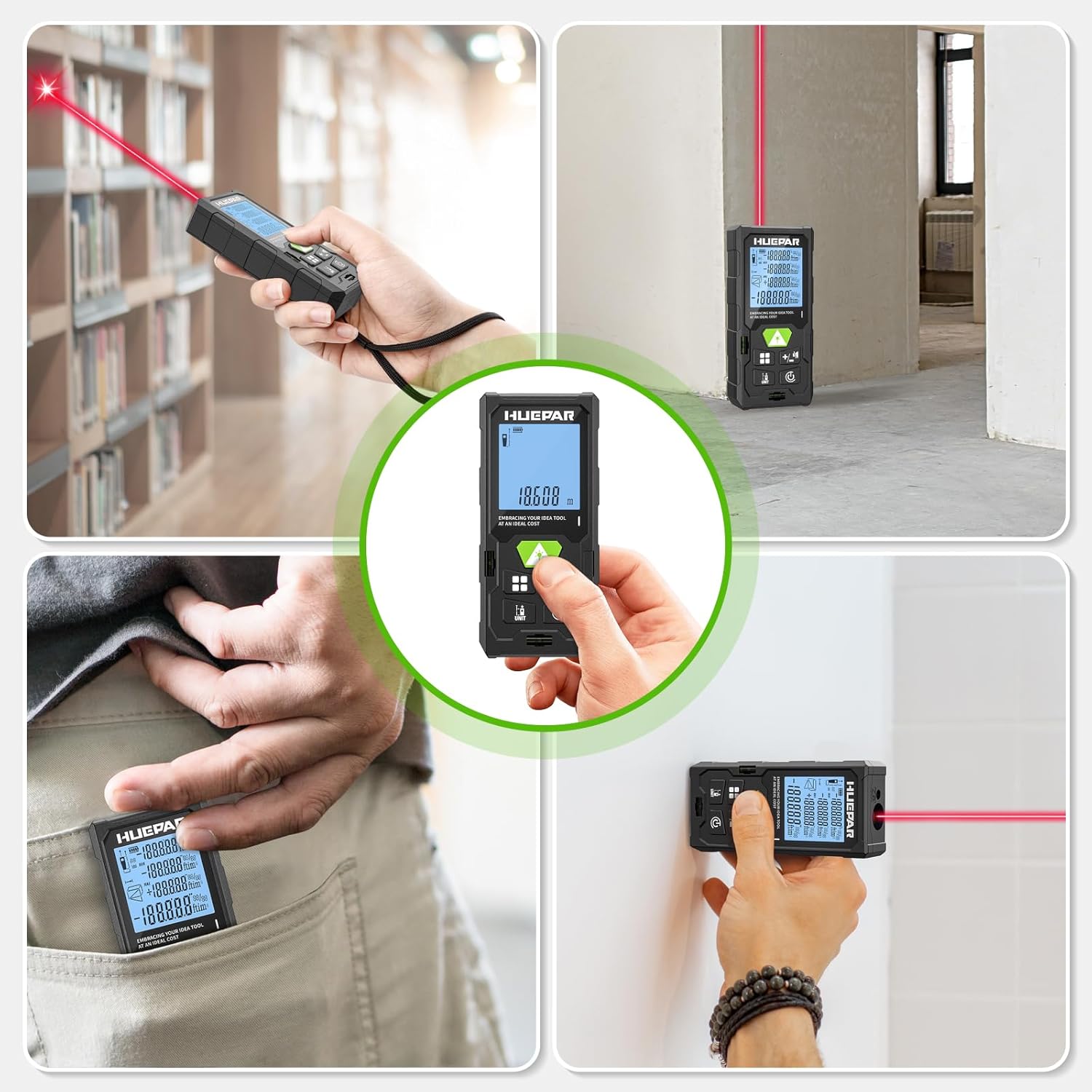 Thumbnail 6 de Laser Entfernungsmesser, Huepar 50M/100M/120M Laser Messgerät Entfernungsmesser mit Laser, hintergrundbeleuchtetem LCD, Messung von Entfernung, Fläche und Volumen und pythagoreischem Modus(ft/m/in)
Laser Entfernungsmesser, Huepar 50M/100M/120M…