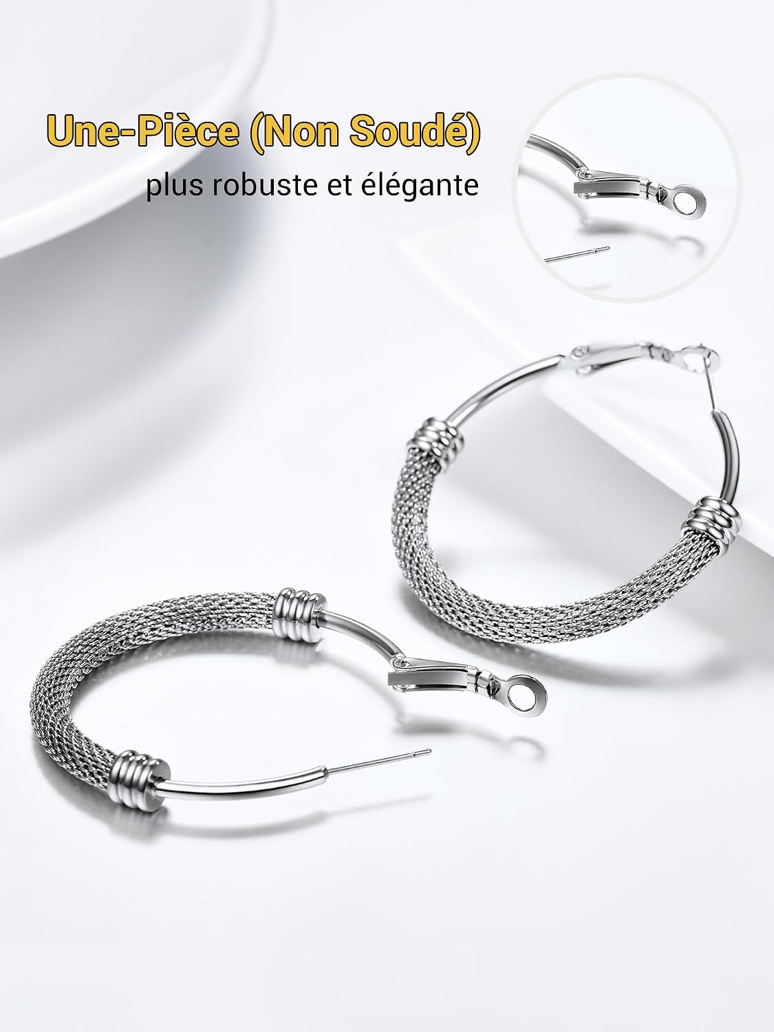 Detalle de PROSTEEL Créoles Acier Inoxydable 40 mm avec Mallas – Anneaux à Maillons (Or 18k / Noir) pour Femme