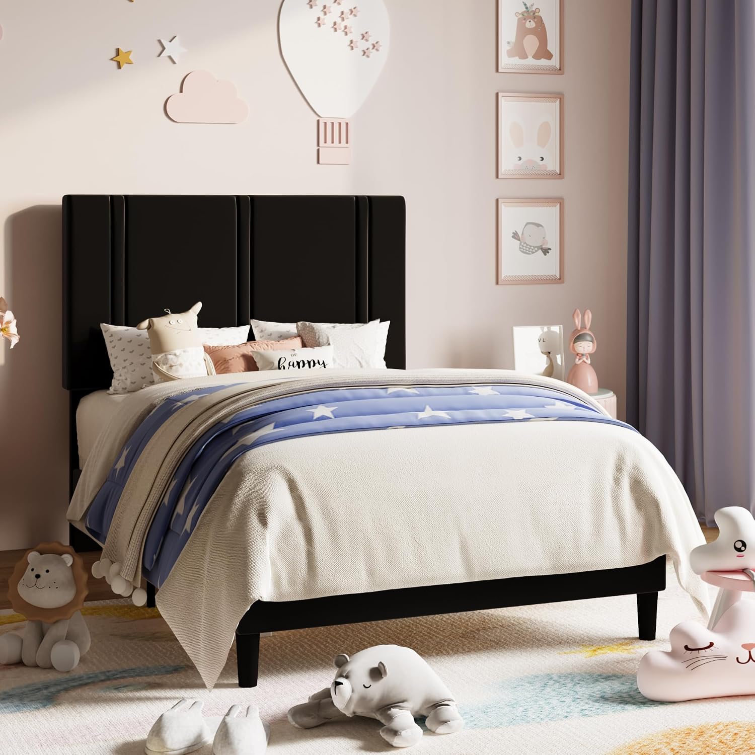 Detalle de Allewie Twin Platform Bed Frame with Velvet Headboard