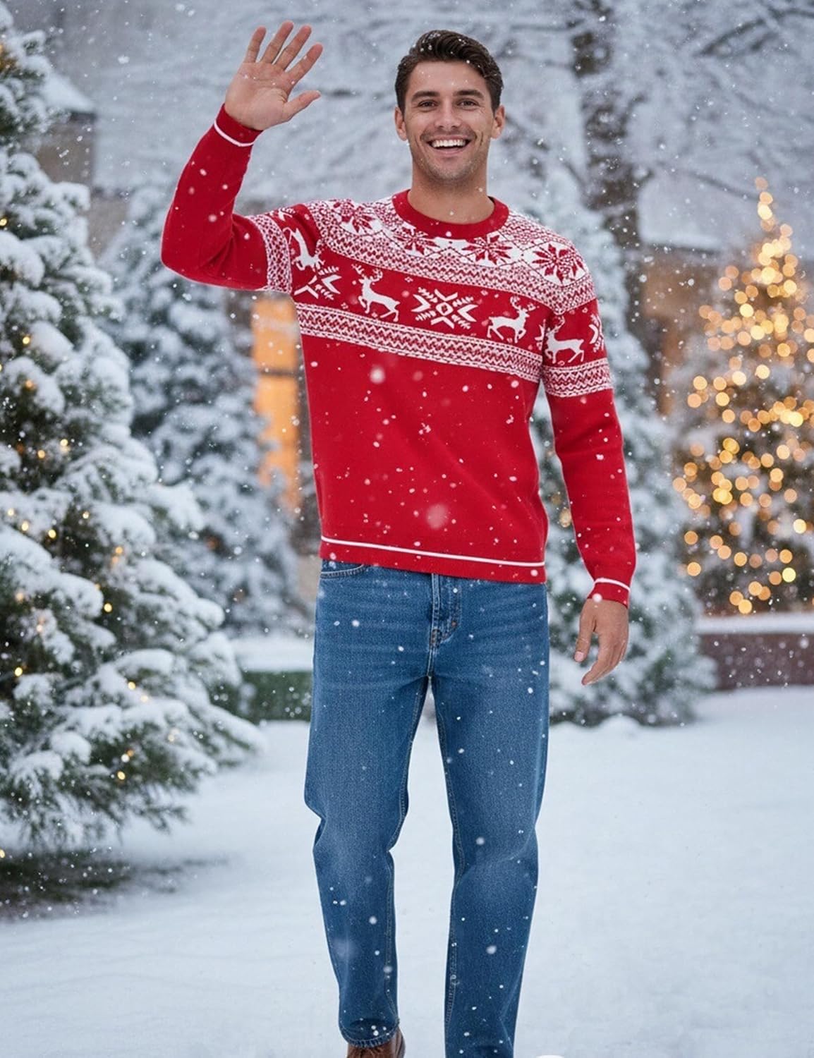 Detalle 2 de Jahetuul Pull de Noël homme à col rond : renne et flocon, manches longues