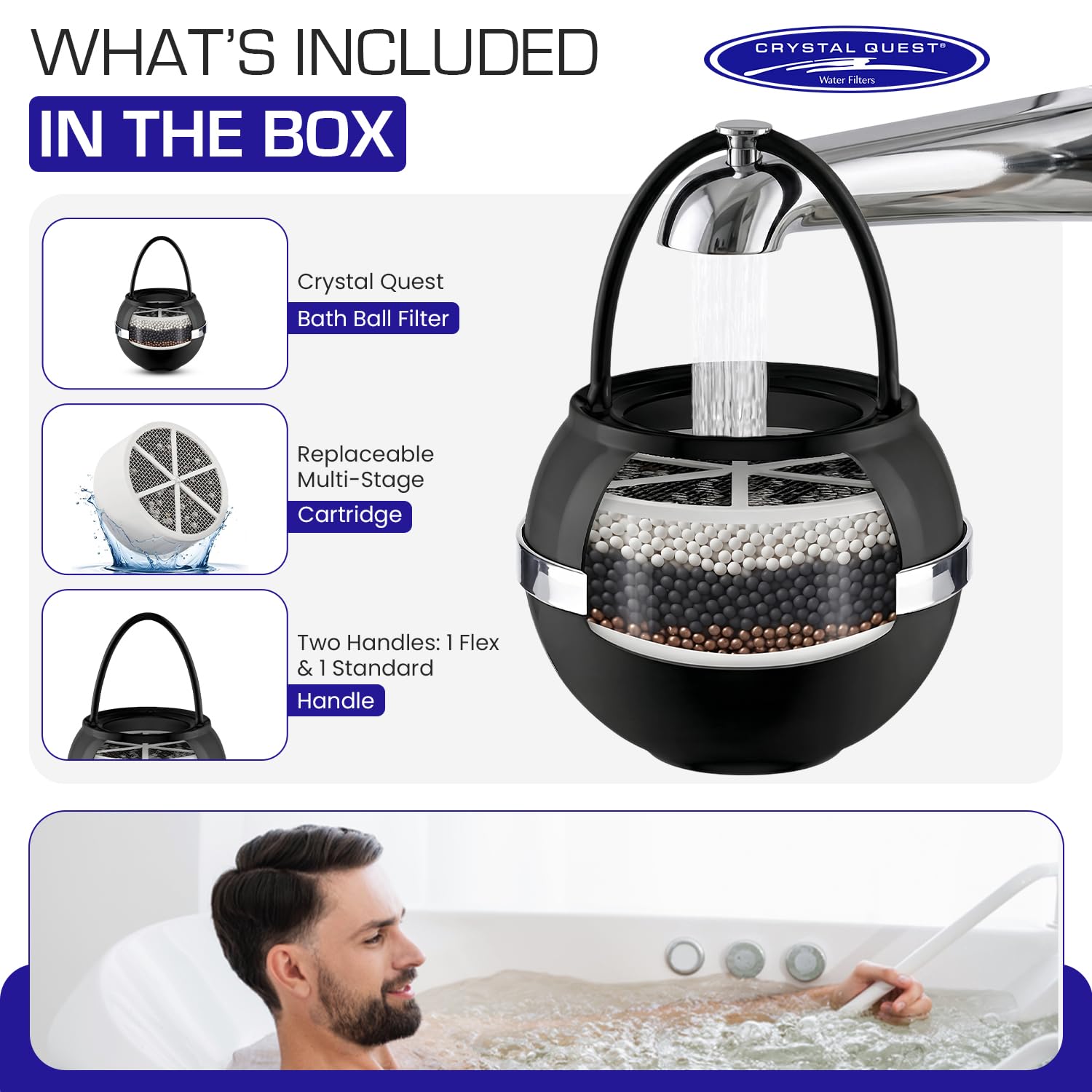 Thumbnail 1 de Crystal Quest Bath Ball Filter for Tub Faucet (Black) — BPA-Free Bathtub Water Filter