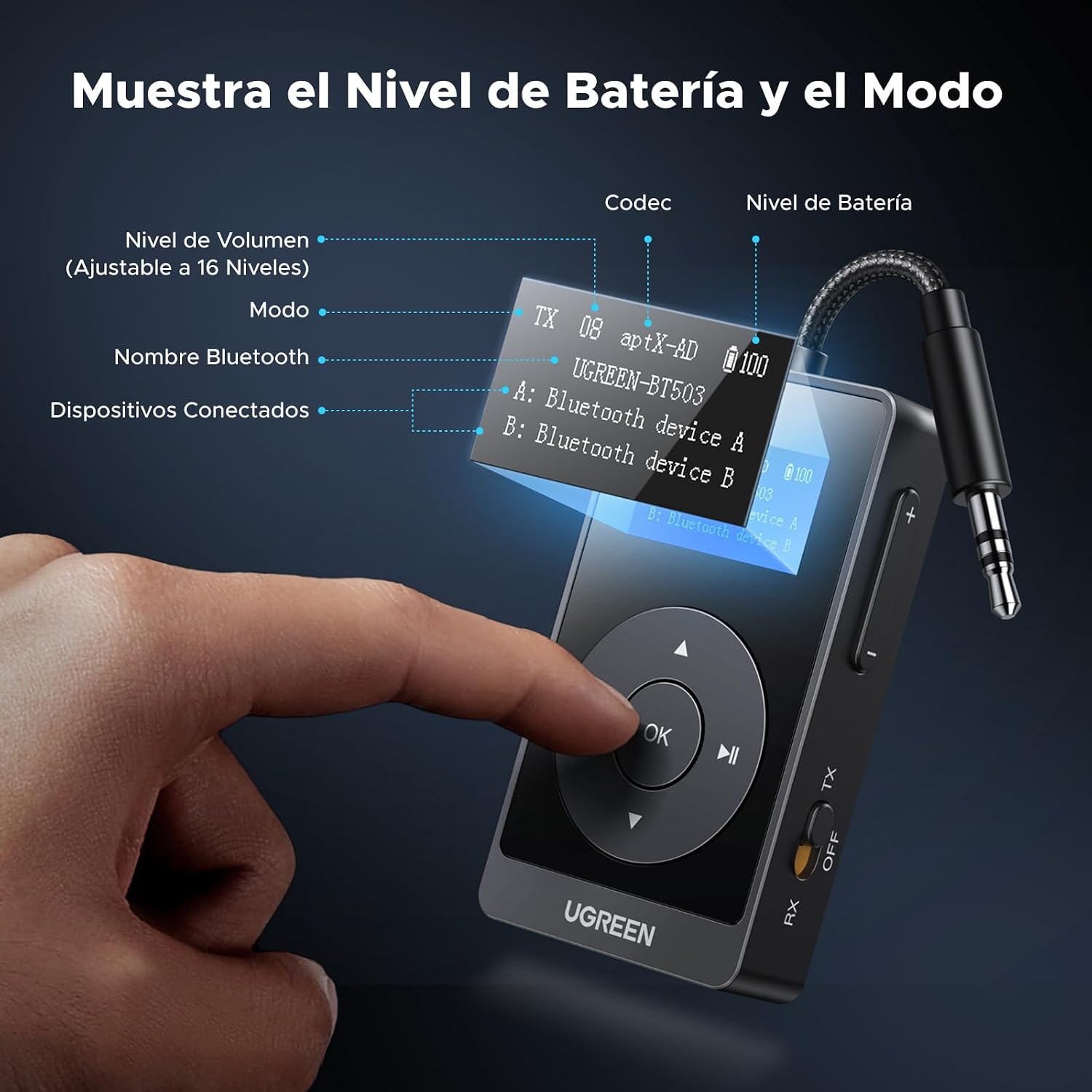 Detalle 2 de UGREEN Receptor Transmisor Bluetooth 5.3 aptX 📡