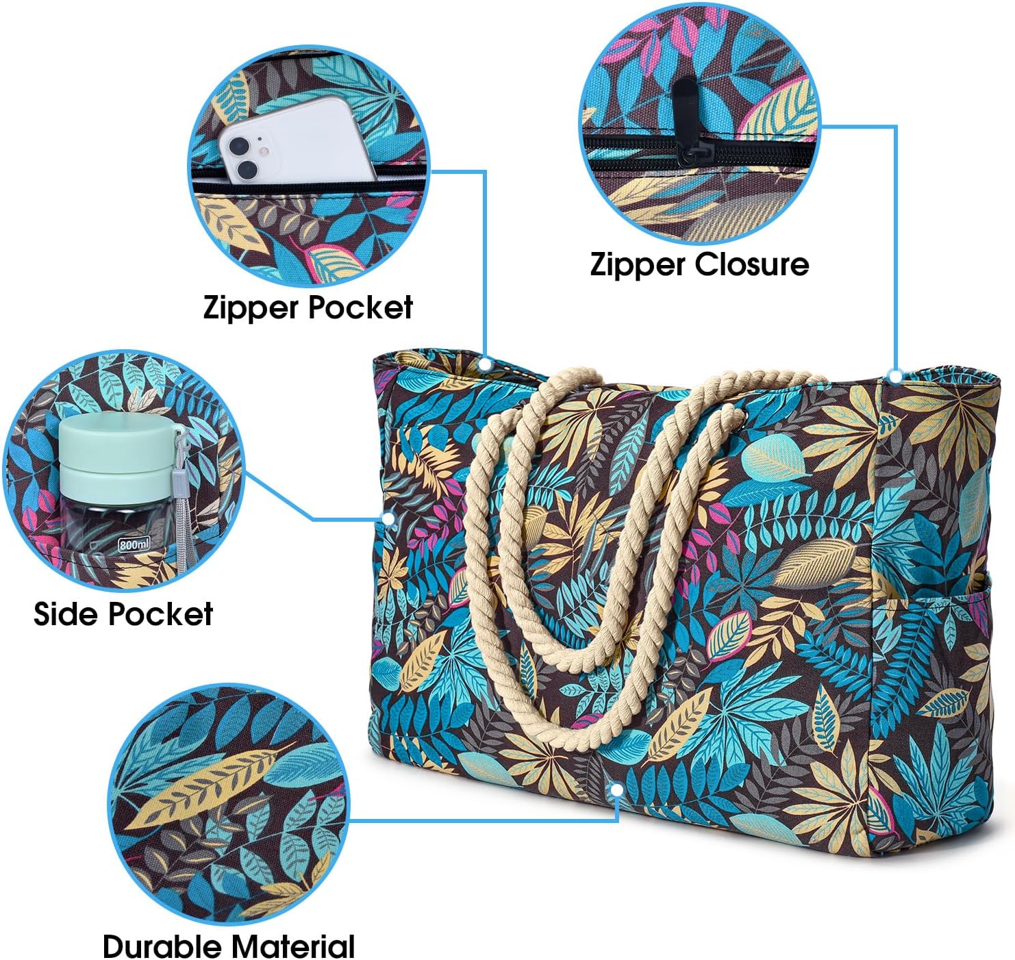 Detalle 2 de Oscaurt Strandtasche XXL (Badetasche/Familie) wasserdicht mit Reißverschluss – faltbare Tote Bag