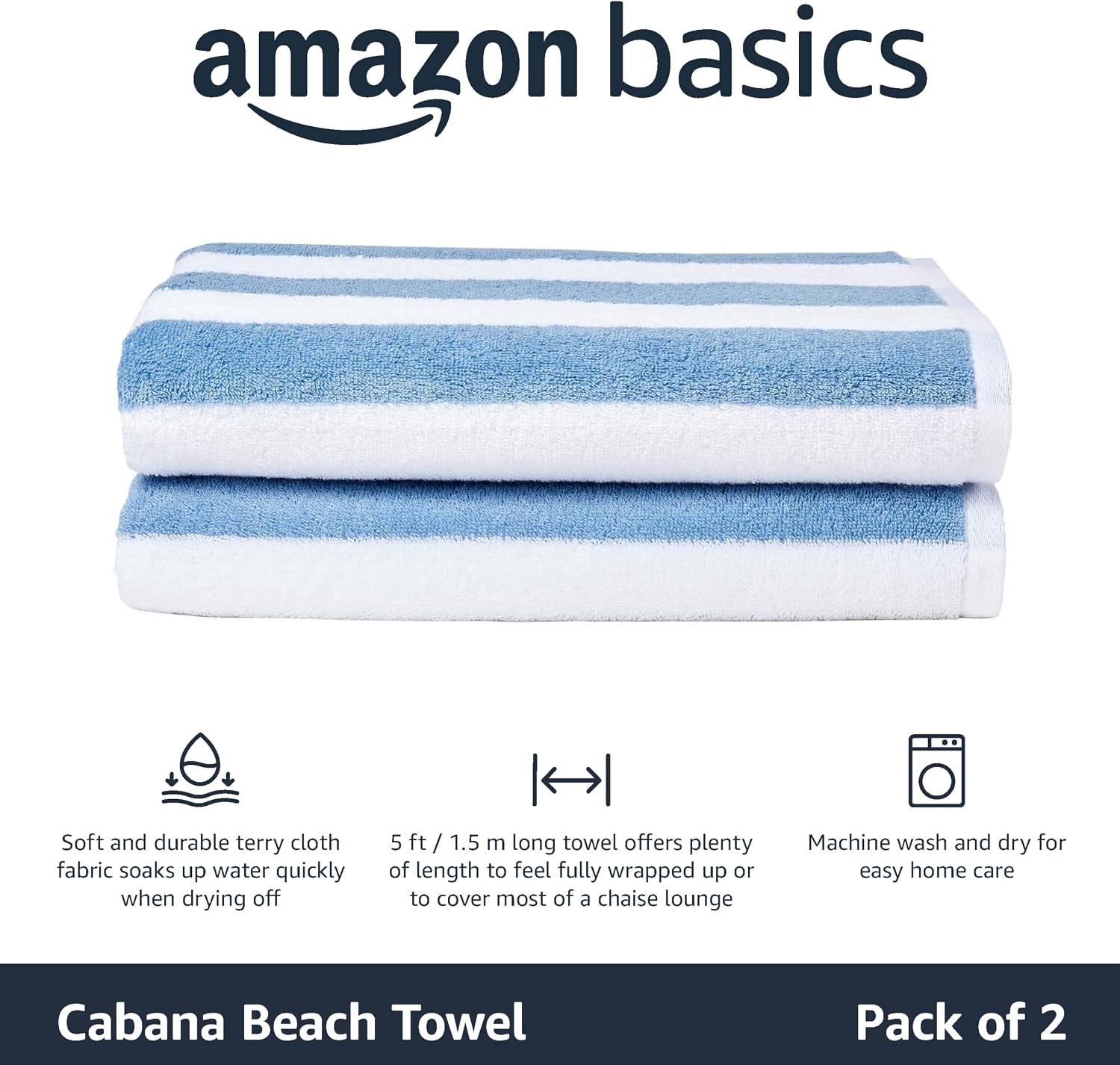 Detalle 2 de Amazon Basics Striped Beach Towels – 2-Pack, 30" x 60", Sky Blue Cabana Stripe, 100% Ring-Spun Cotton