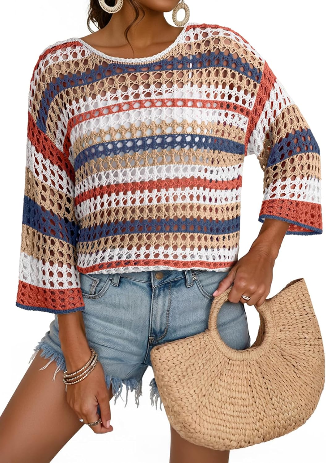 Detalle de Dokotoo Womens Spring/Summer 3/4 Sleeve Crochet Hollow Out Color Block Top