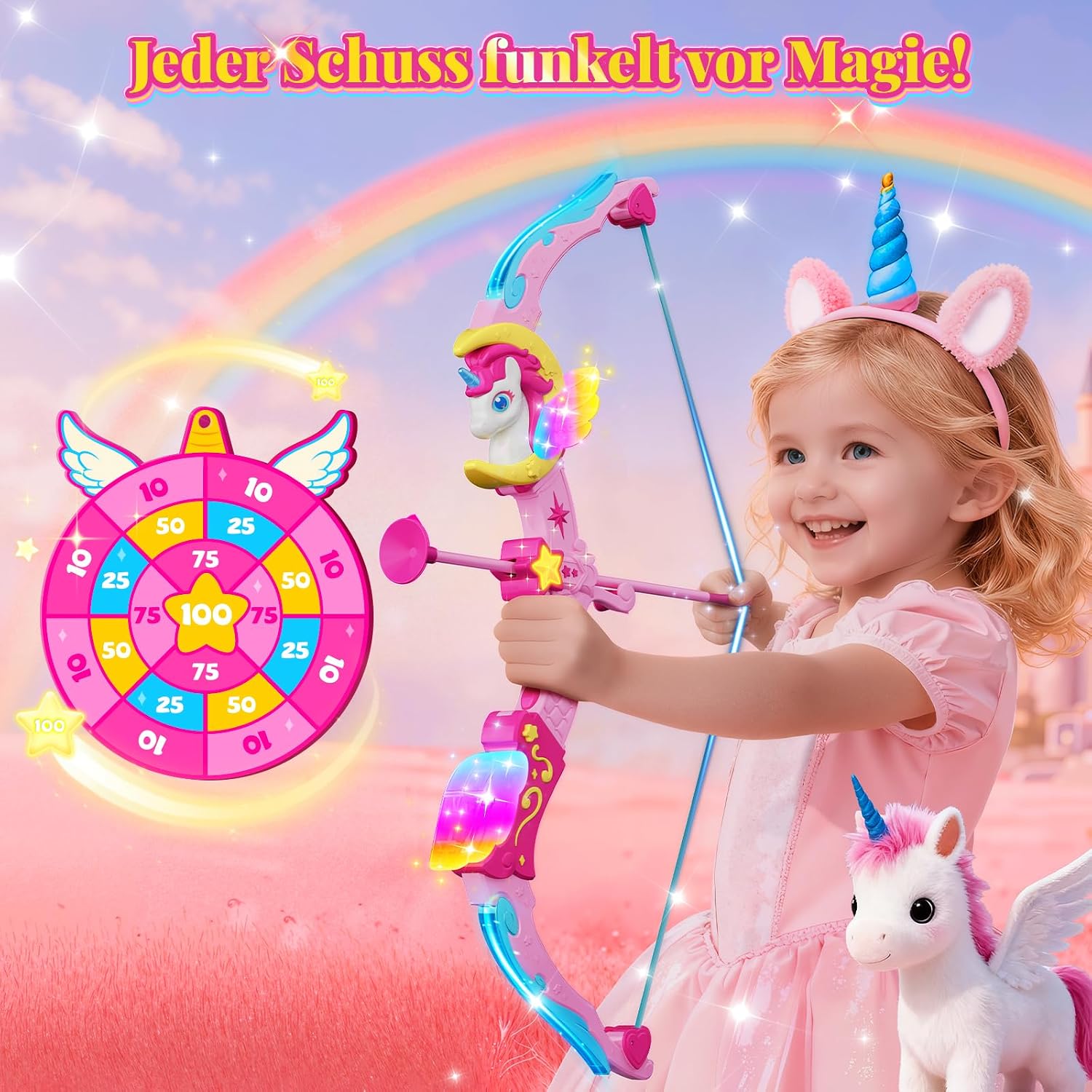 Detalle de Einhorn-Bogen-Set für Mädchen 3–12 Jahre mit 6 magischen Lichtern, Köcher und Prinzessinnen-Zielscheibe