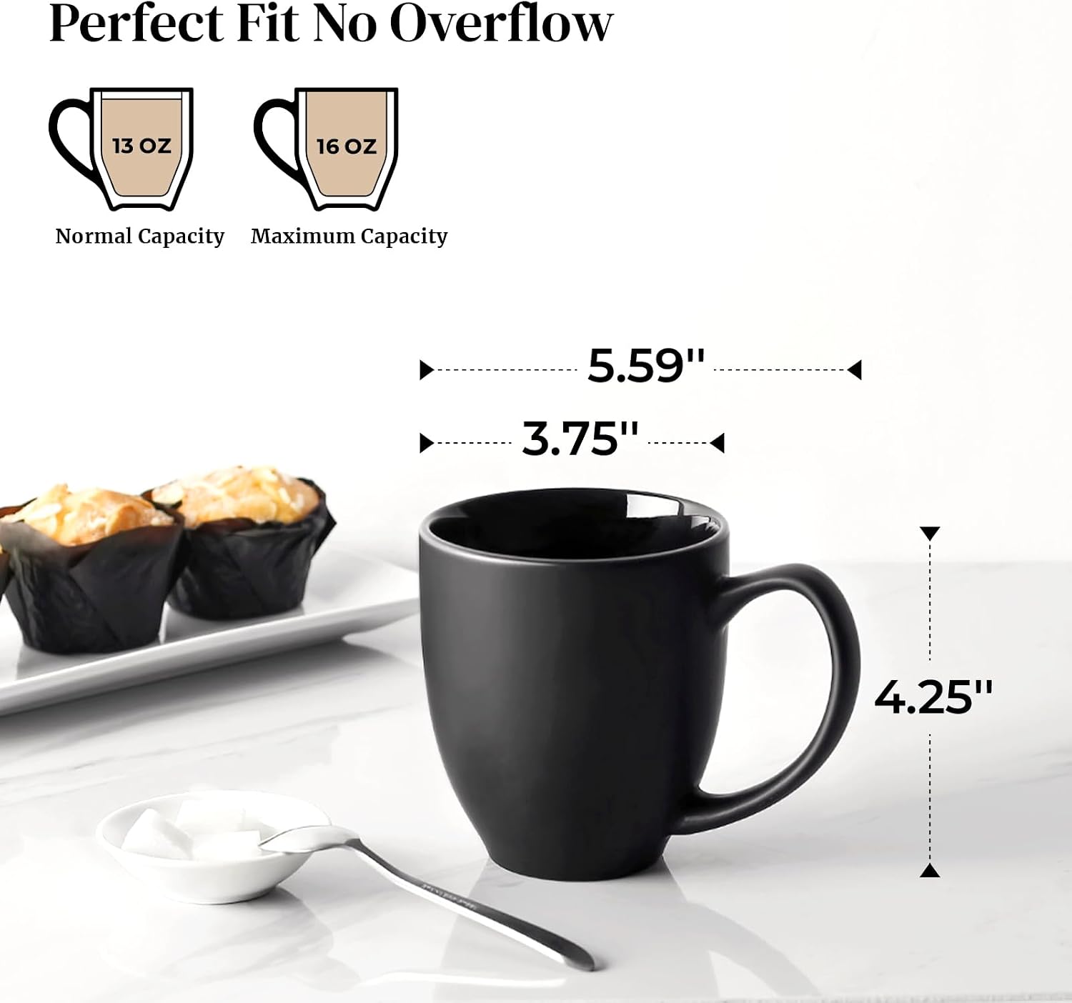 Detalle de DOWAN 11114 Porcelain Coffee Mug Set, 16 oz, Matte Black, Set of 6