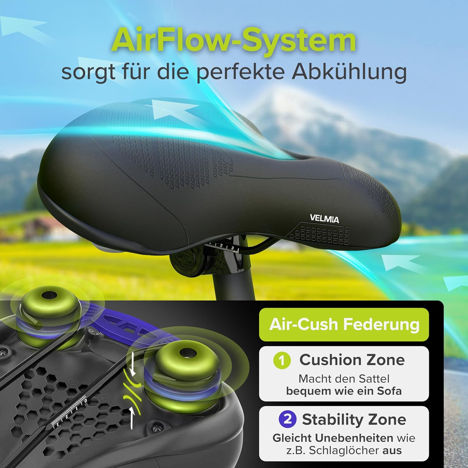 Detalle 1 de Velmia Fahrradsattel mit 3-Zonen-Konzept, ShockAbsorb-Federung & Memory-Schaum für Herren & Damen
