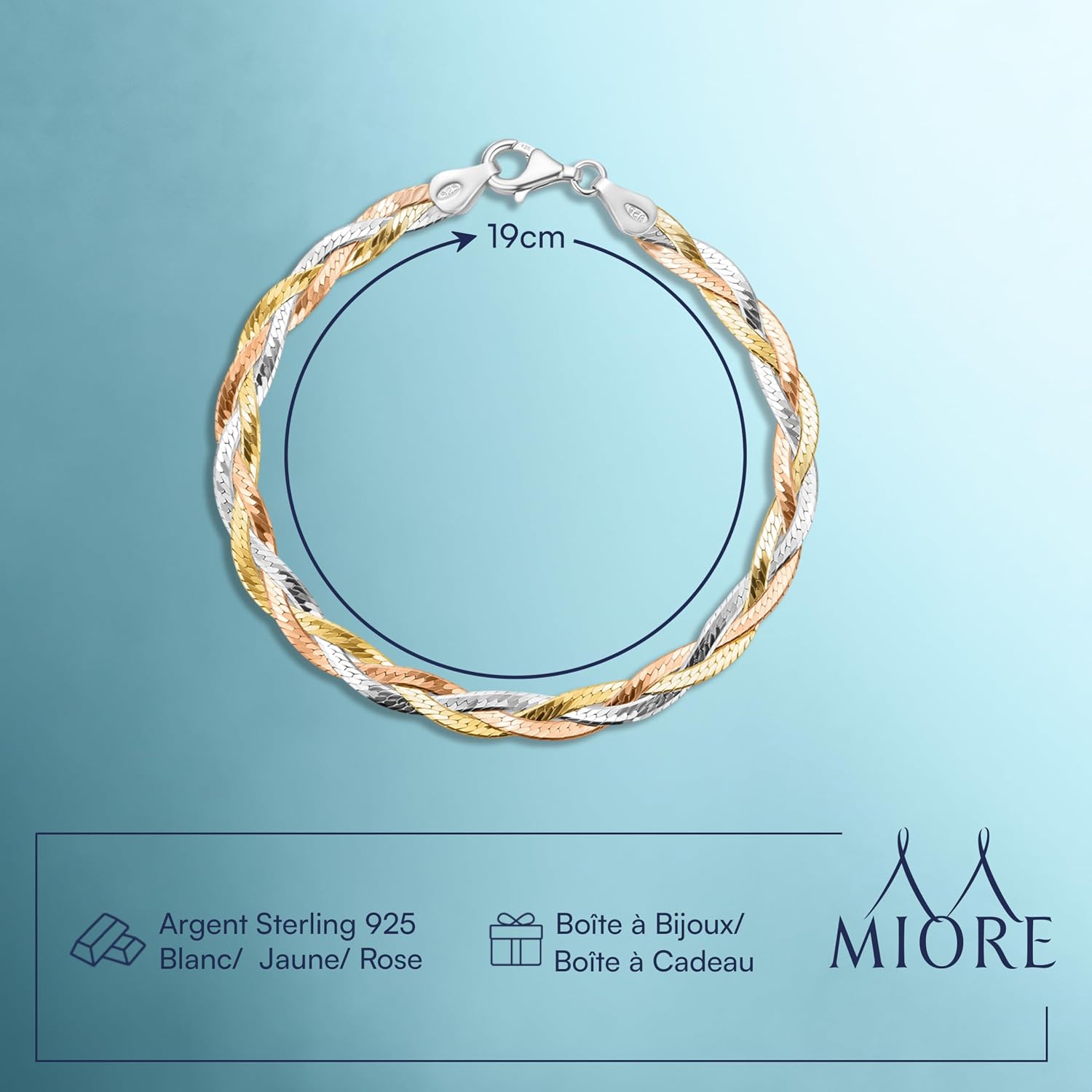 Detalle 2 de MIORE Bracelet Femme Tri-Color Maille Serpent Argent 925 plaqué Or 18K – Bijoirs Hypoallergéniques faits main