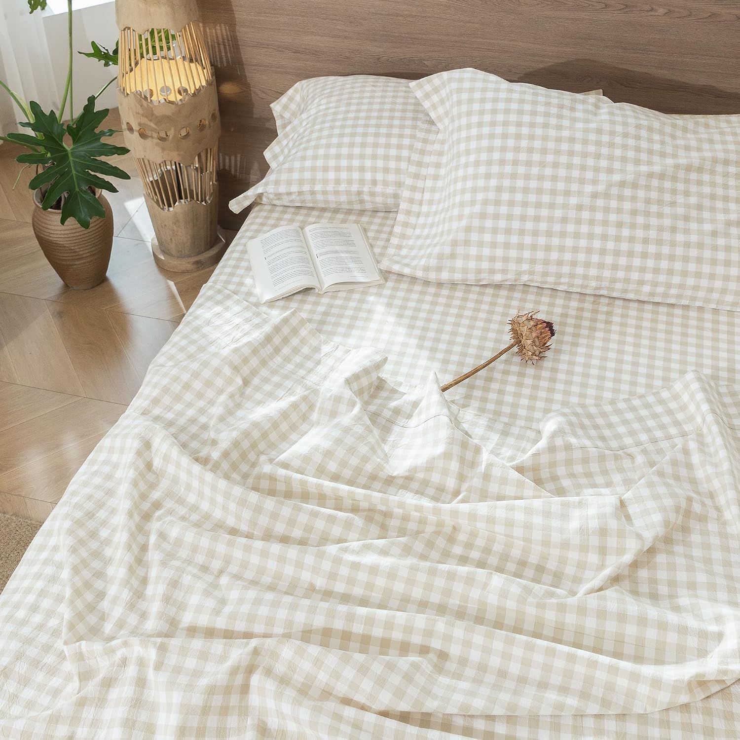 Detalle de MOOMEE MooMee Gingham Sheet Set (Queen) — 100% Washed Cotton, Linen-Like Texture, Deep 16–19" Pocket