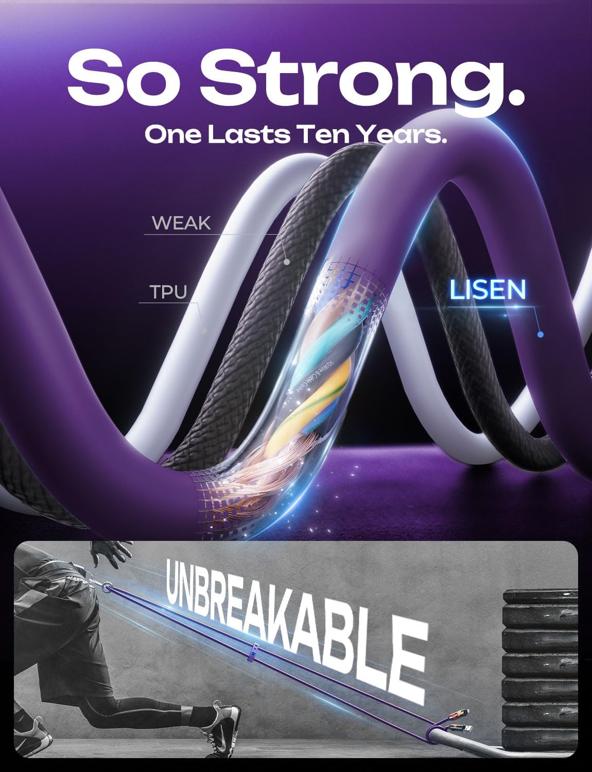 Detalle 1 de LISEN 70427P 4-in-1 Charging Cable, 6.6 ft, 240W, Purple