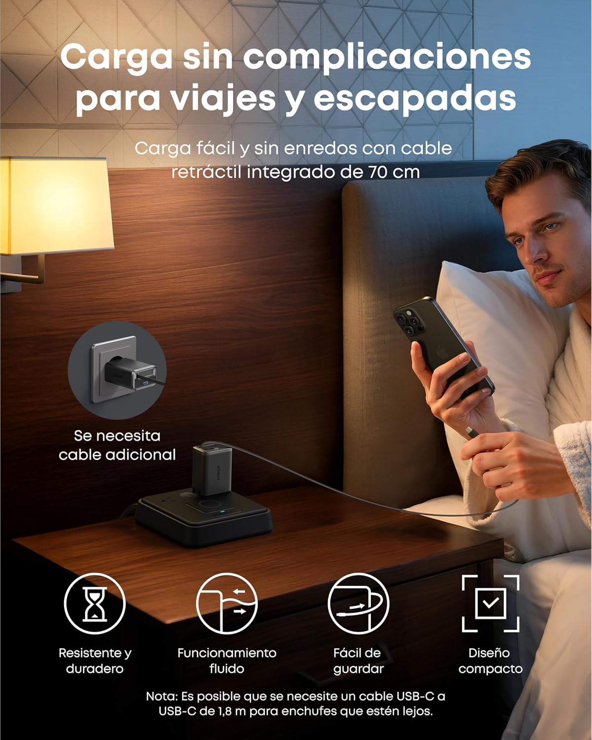 Detalle de Anker Nano 35W Cargador USB-C con cable retráctil