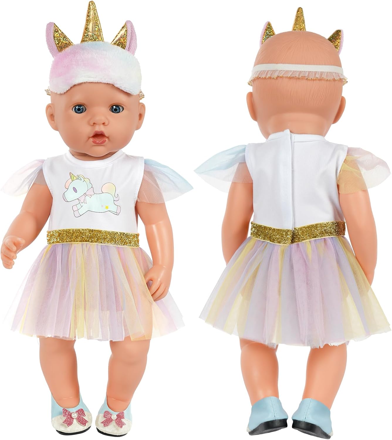 Detalle de Set vestiti per bambola Aolso con unicorno (abito, cappello, scarpe e gruccia) per bambole 35–45 cm