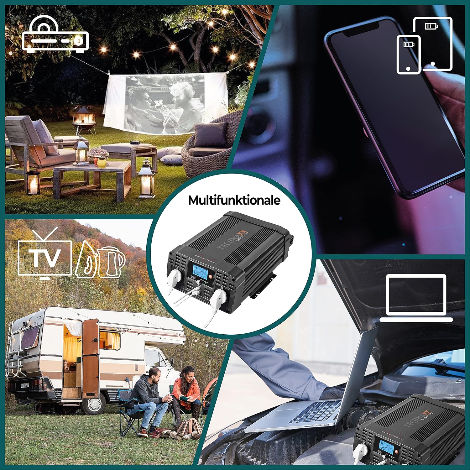 Thumbnail 6 de Technaxx KFZ-Wechselrichter 12V auf 230V Reiner Sinus 2000W (4000W Spitze) – TÜV Rheinland zertifiziert, LC-Display, 2x Schuko, USB-C & USB-A QC3.0 – für Auto, Camping