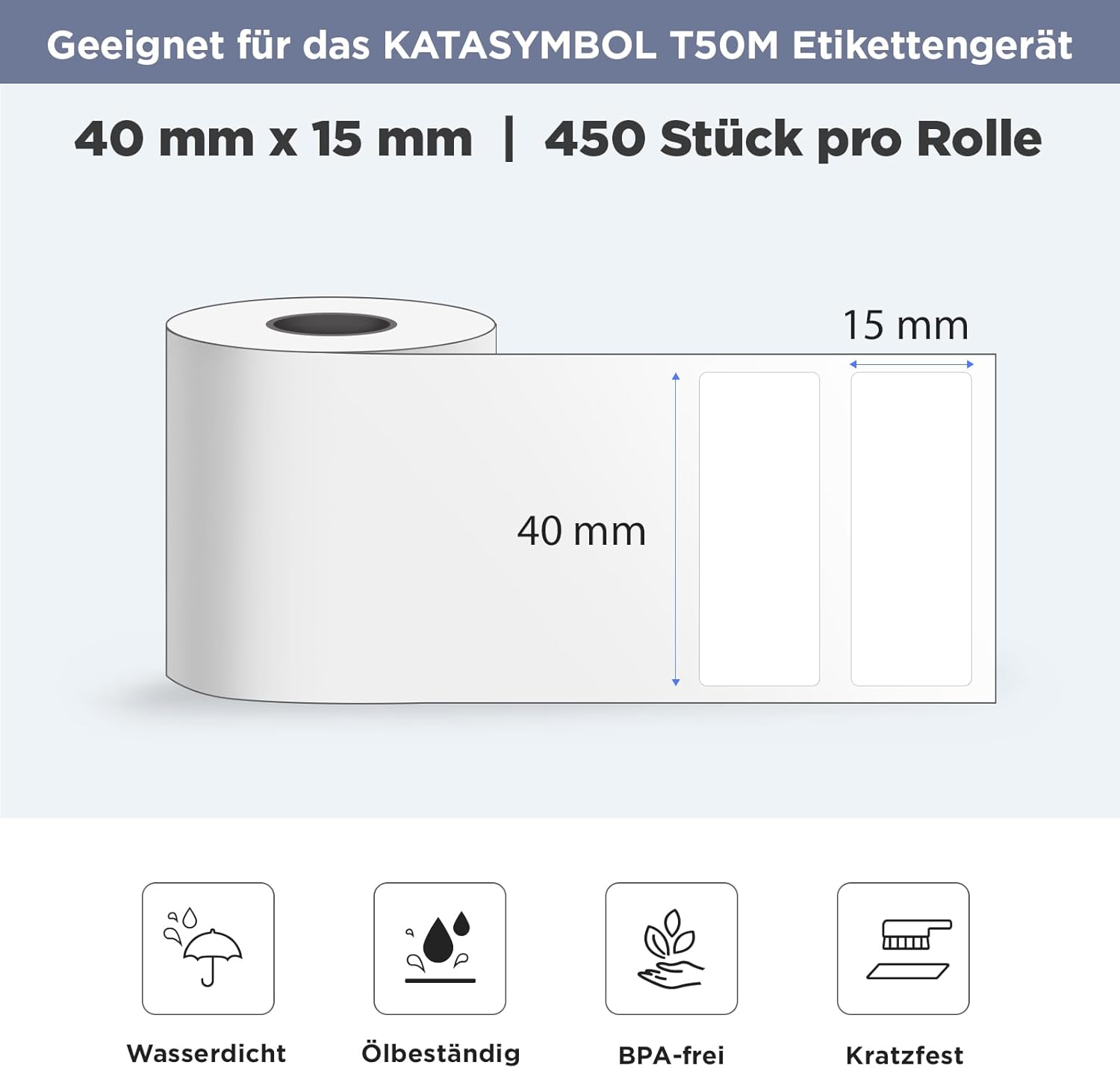 Detalle de SUPVAN Etiketten selbstklebend wasserfest für T50M Etikettendrucker – 40 x 15 mm, 450 Etiketten pro Rolle, schwarz auf weiß