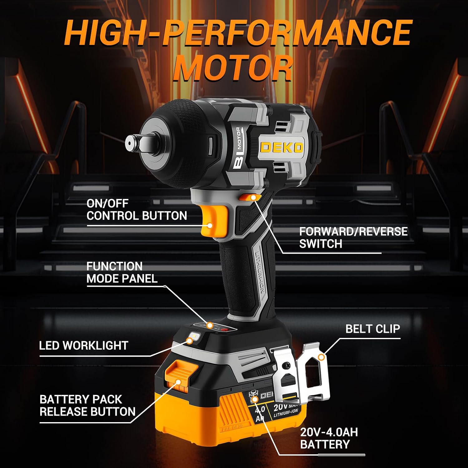 Detalle de DEKOPRO Avvitatore a impulsi Brushless 800Nm 20V con 4 Bussole e Batteria 4,0 Ah