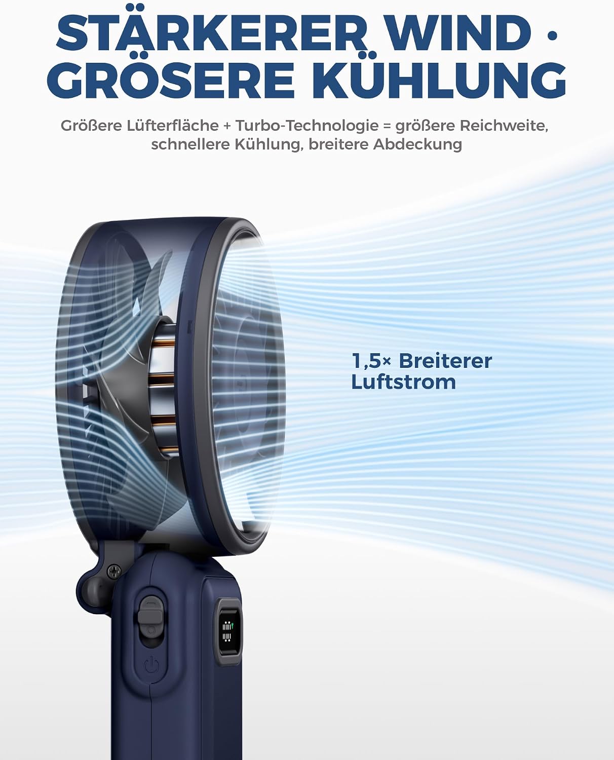 Detalle de Diveblues Handventilator Turbo mit 100 Stufen und 4-in-1 Faltdesign – tragbar, USB-C, 7,4 m/s